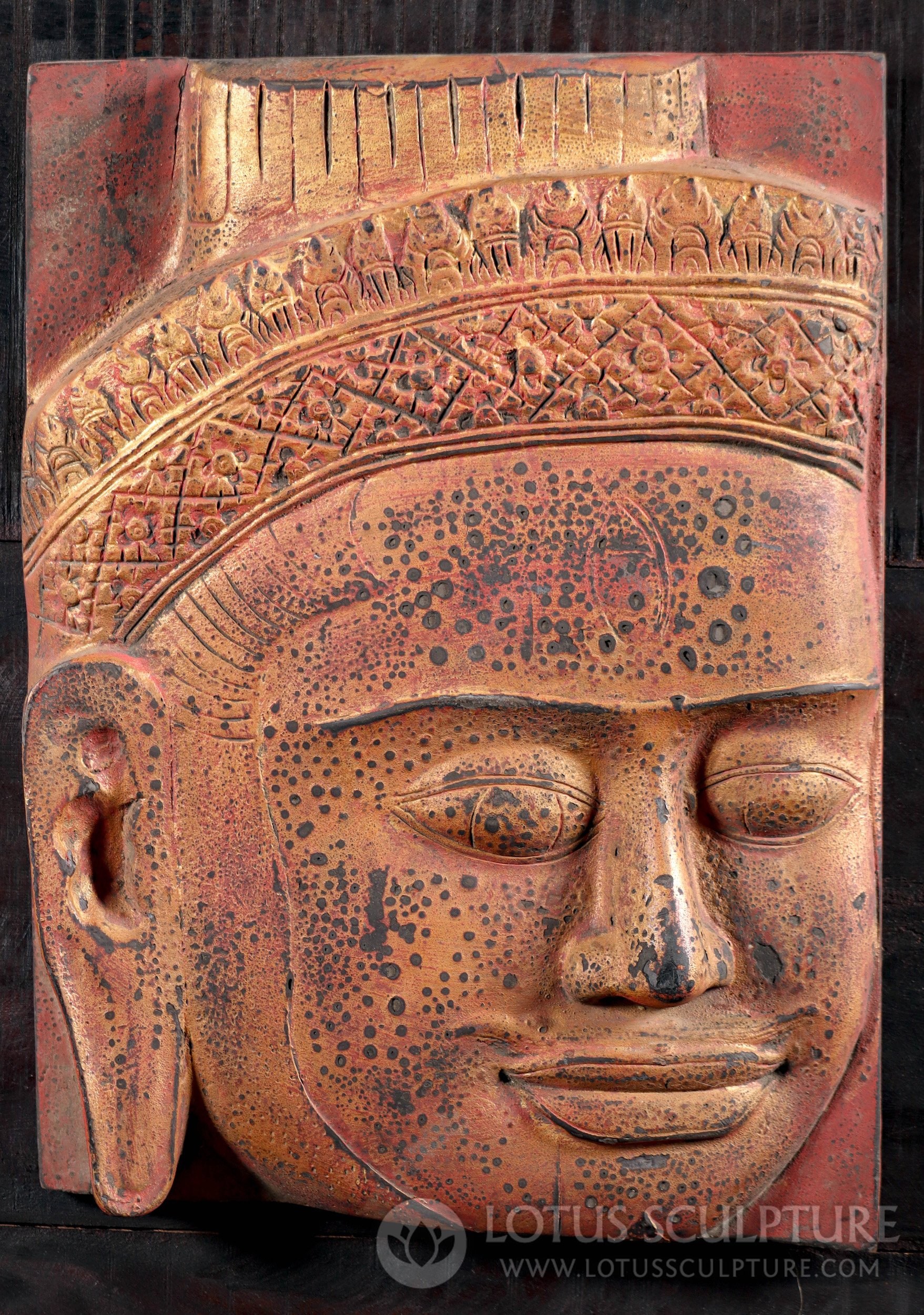 Wooden Cambodian Style Shiva Face Panel Hand Carved in Phnom Penh 19"