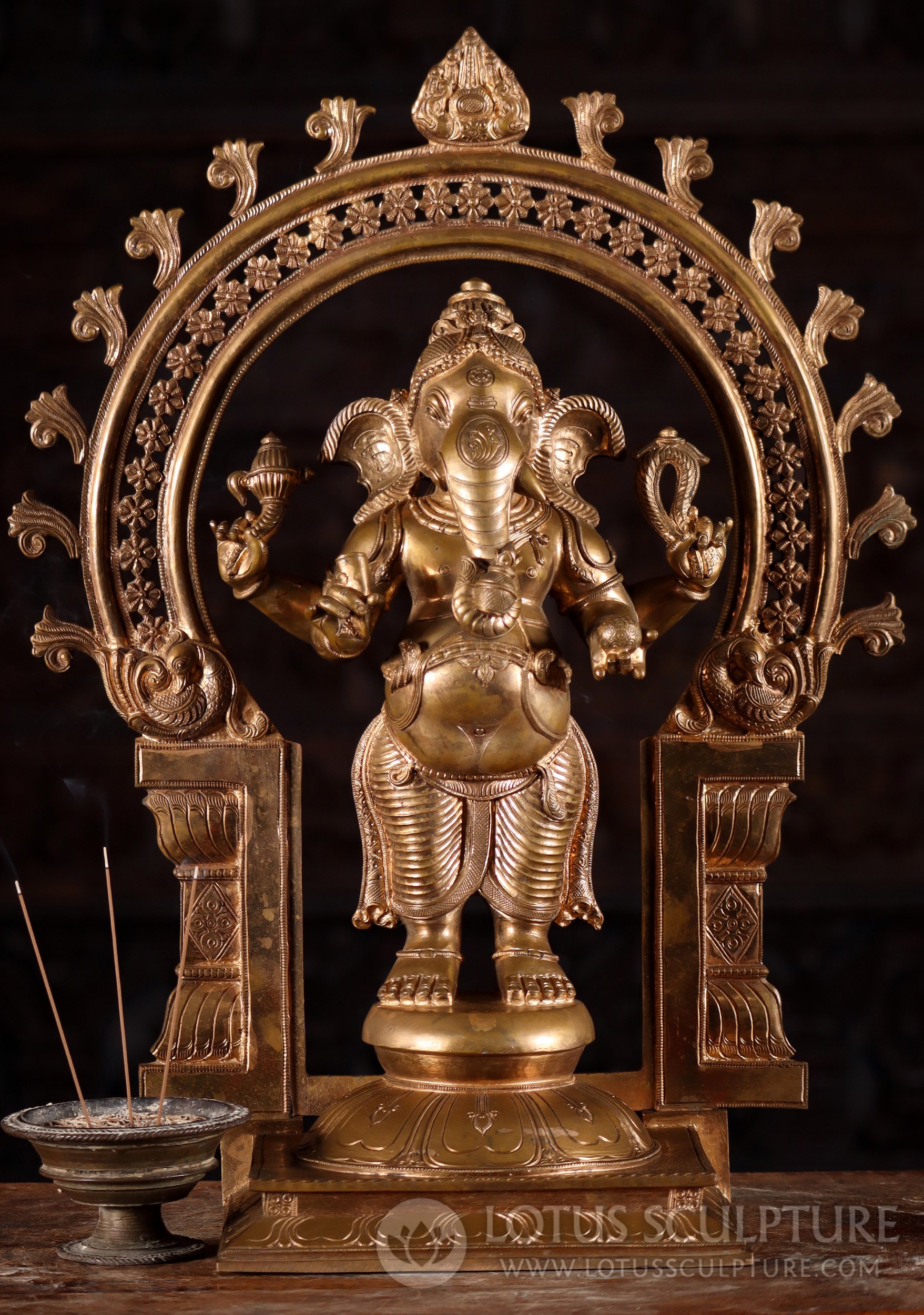 Polished Bronze Ganesha Statue with Prabhamandala Arch, Lotus Base & Cobra Belt 21"