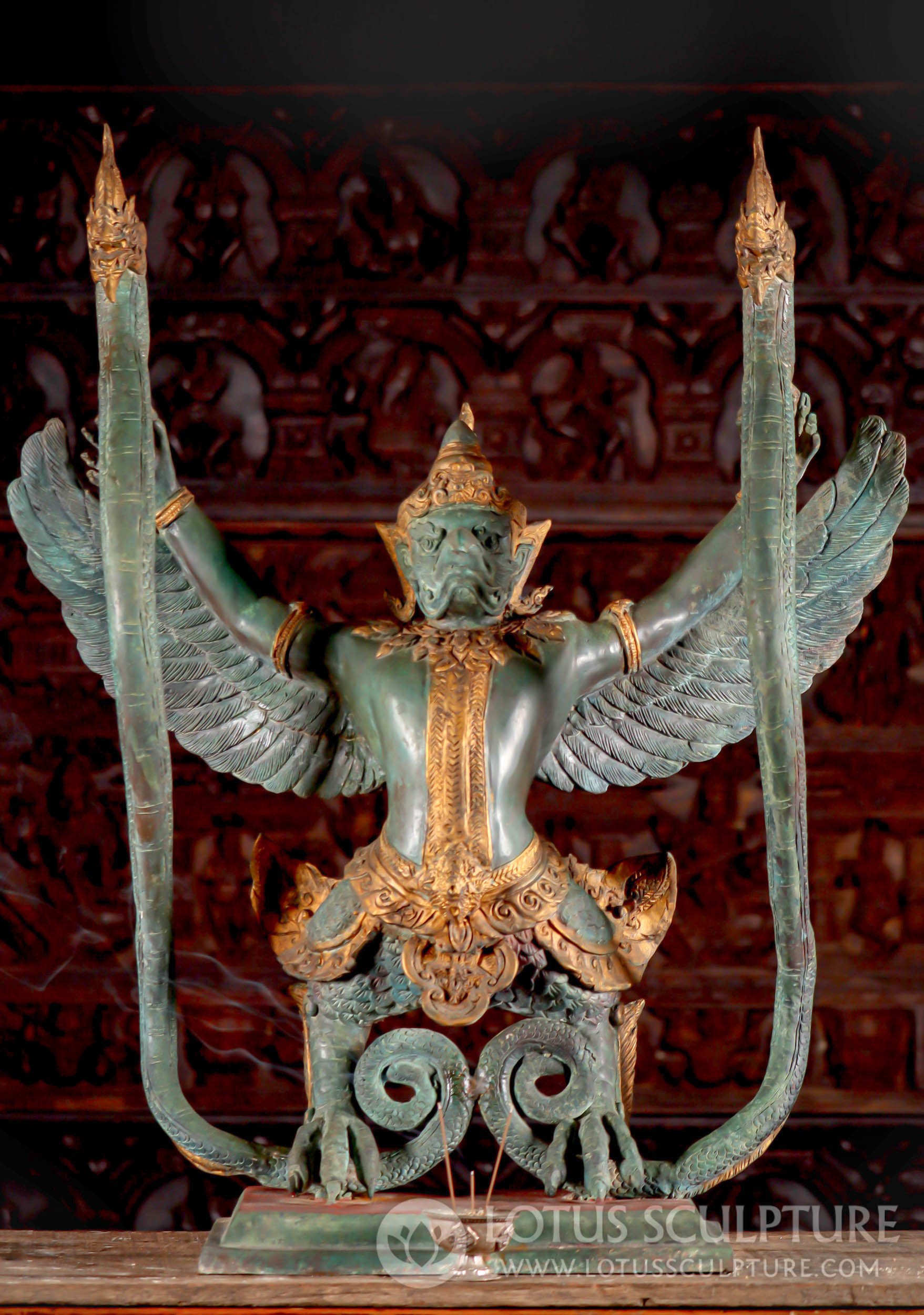 Brass Garuda Sculpture with Arms and Wings Outstretched with 2 Nagas in Hands & Talons 34"