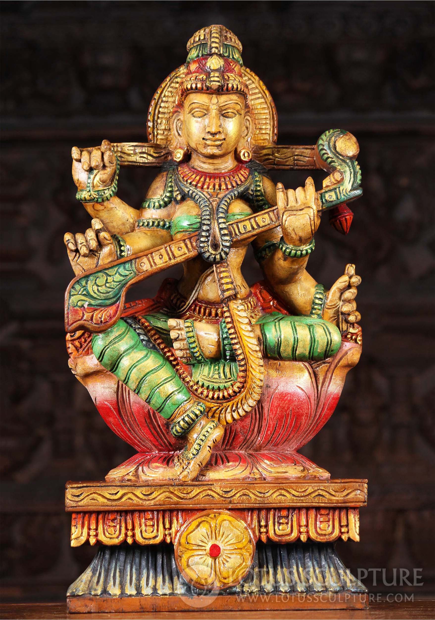 Wood Painted Hindu Goddess Saraswati Playing the Veena Statue 24"