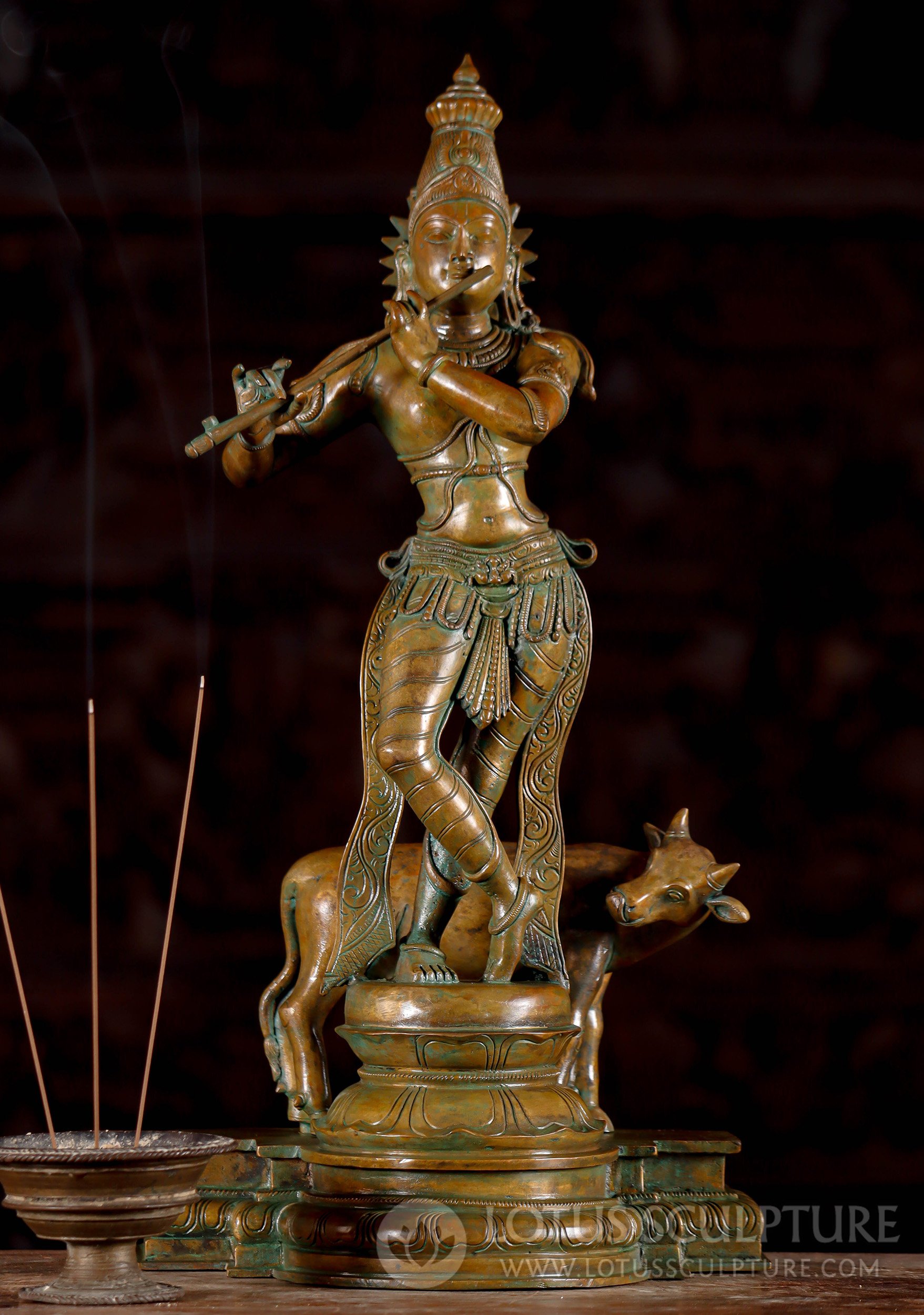 Bronze Krishna Statue Playing Flute to Gopikas with a Cow Affectionately Gazing at Krishna 20"