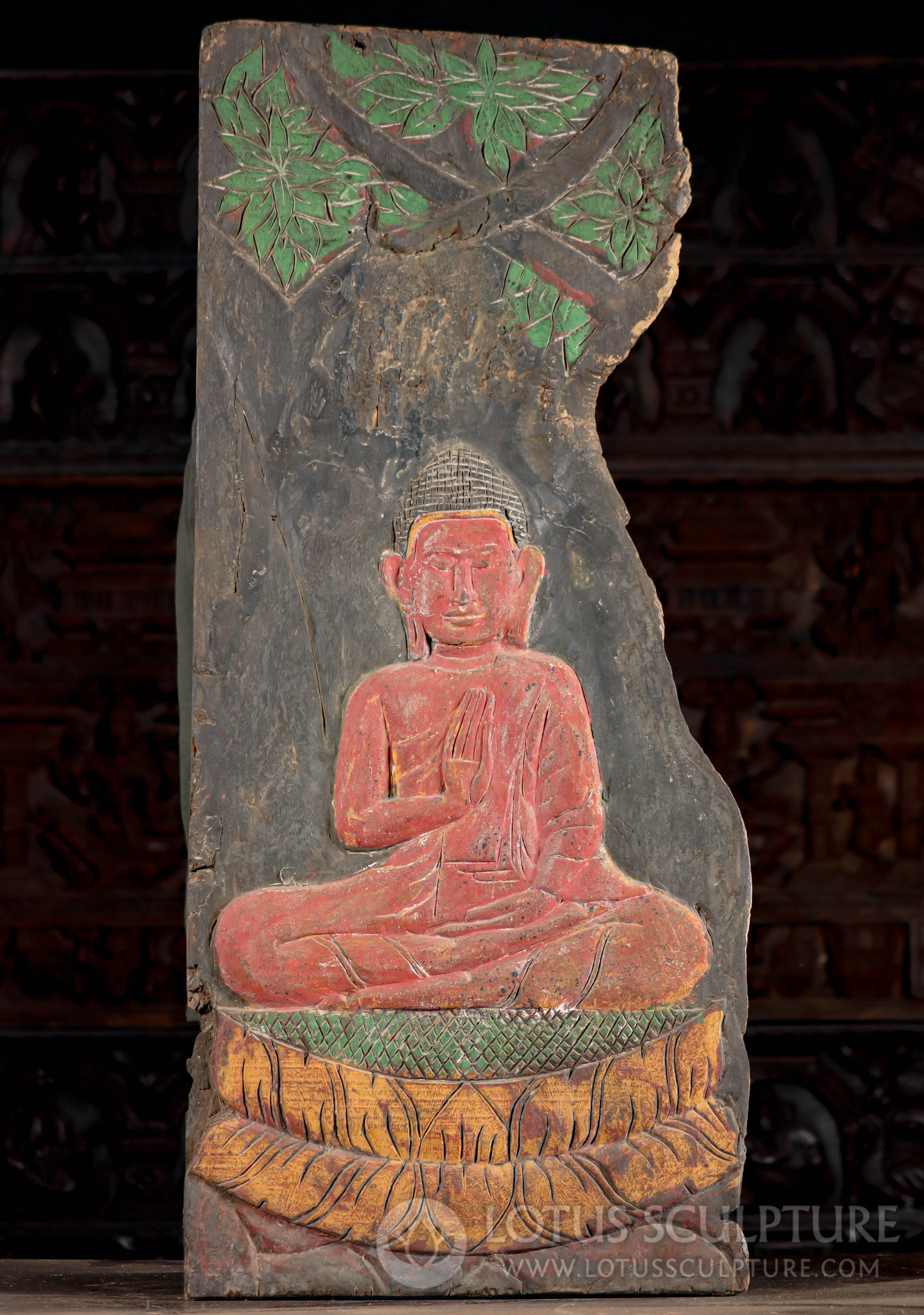 Cambodian Buddha Panel, Antique Wood, Abhaya Mudra of Protection 45"