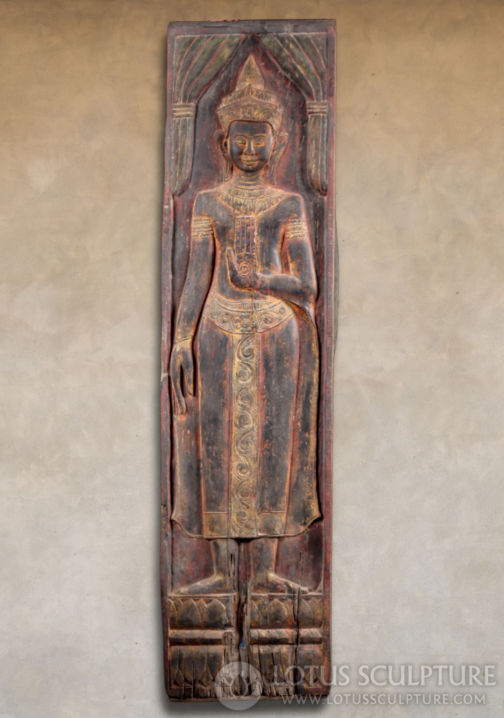 Tall Rustic Cambodian Buddha Wood Panel - Abhaya Mudra of Protection Statue 74"x18"