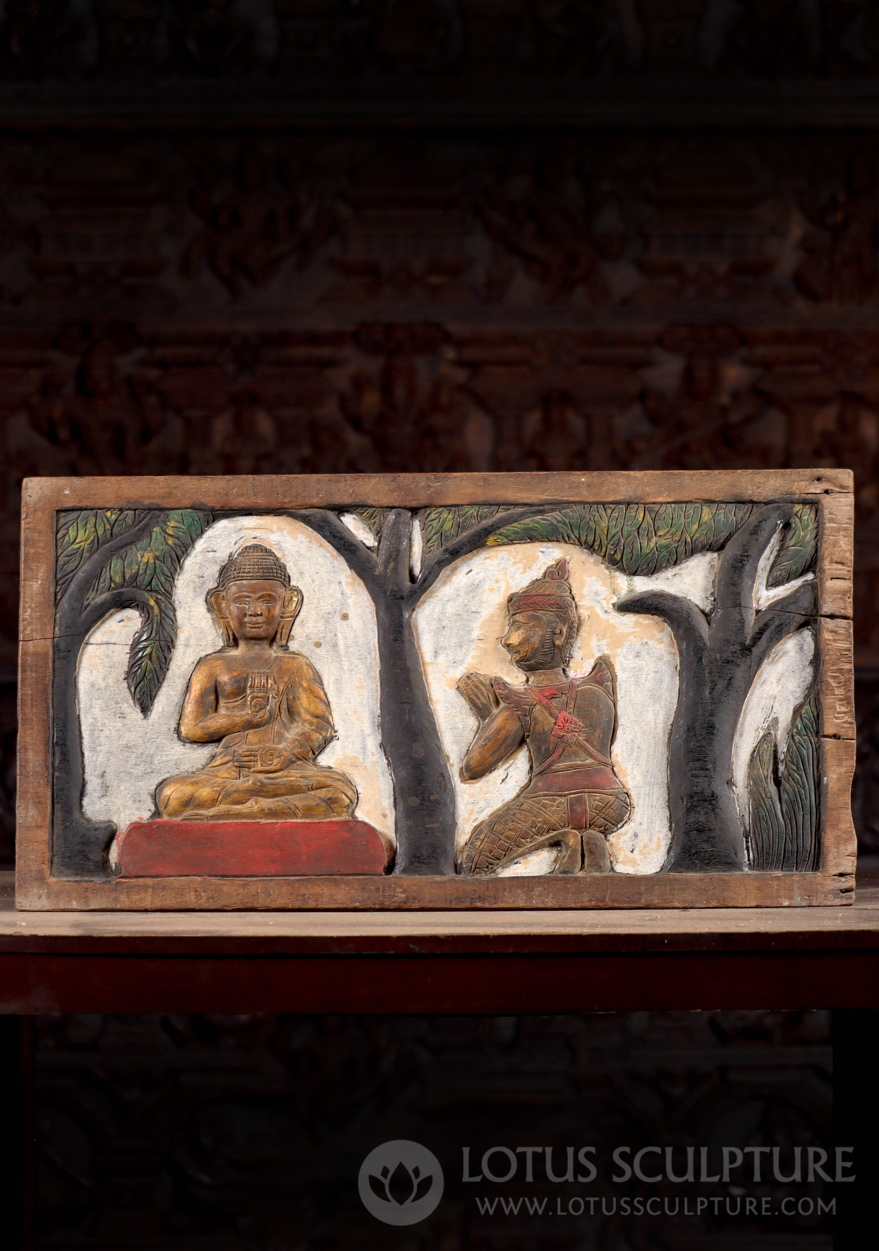 Antique Cambodian Buddha and Disciple Wood Panel - Serenity and Devotion 29"