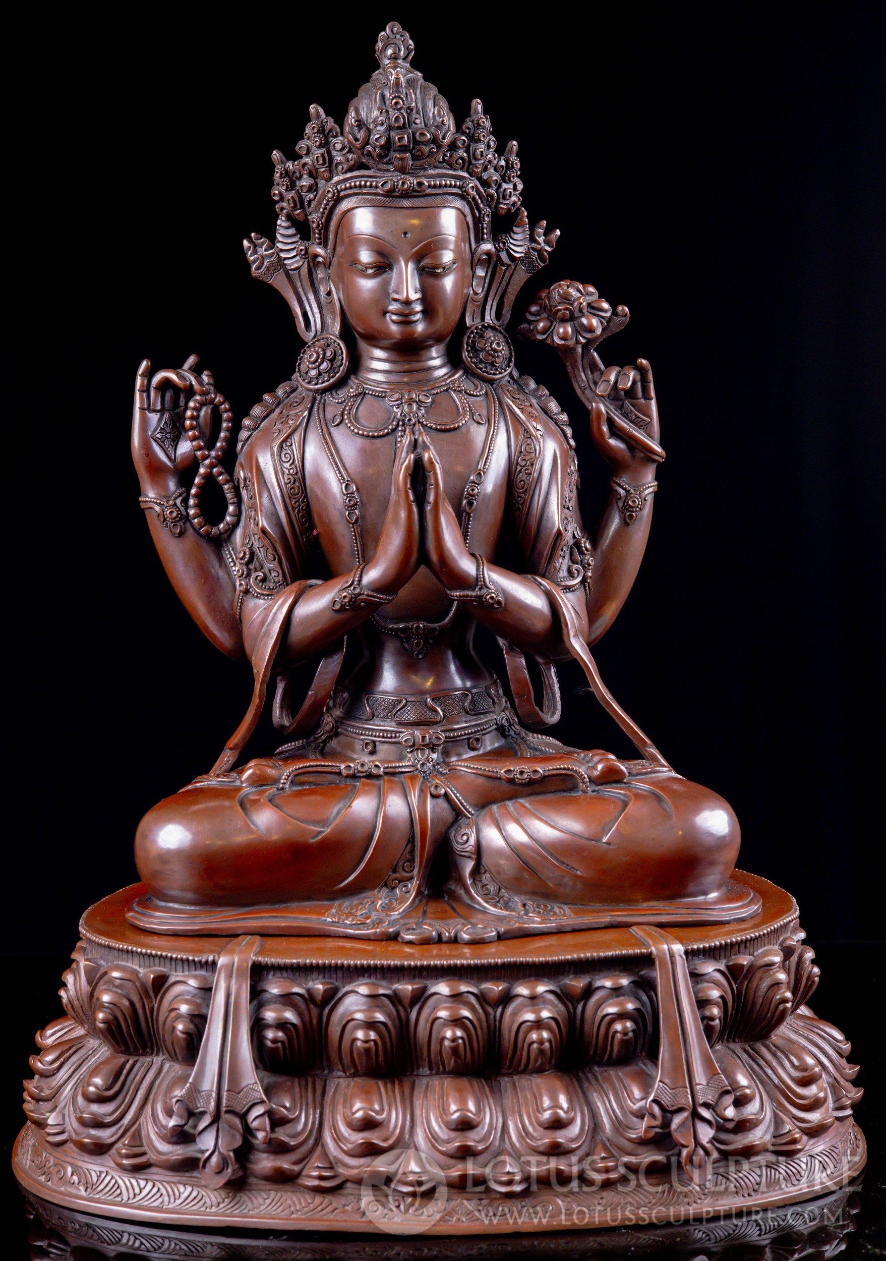 Nepalese Copper Statue of Chenrezig, Bodhisattva of Compassion in Namaste Mudra 16"