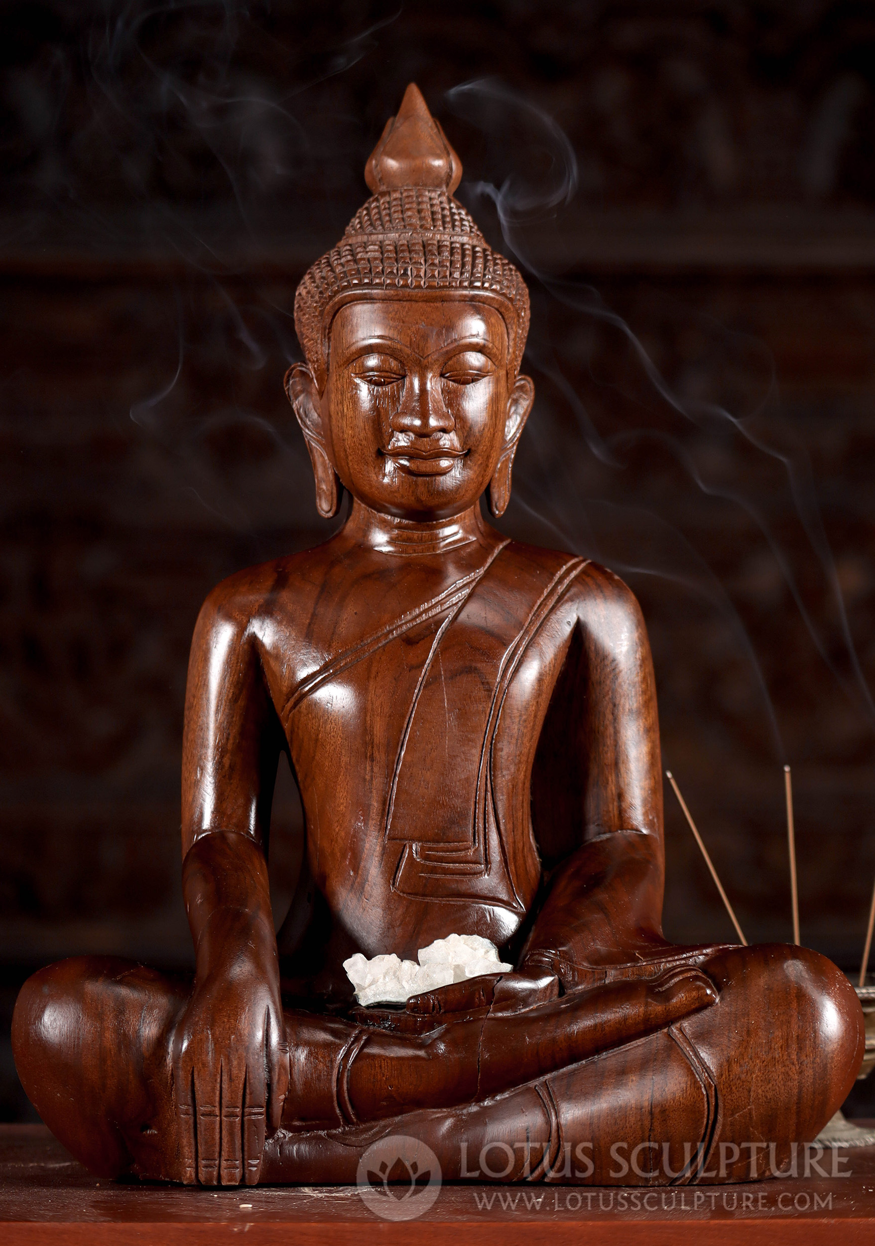 Wooden Buddha Statue in Earth Touching Mudra Made in Cambodia 15"