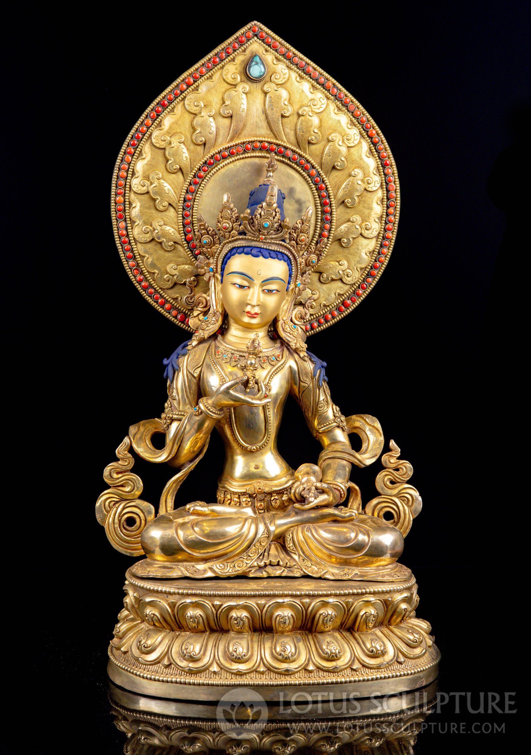 Nepalese Vajrasattva Copper Statue with 24k Gold Face, Turquoise & Coral Stones 20"