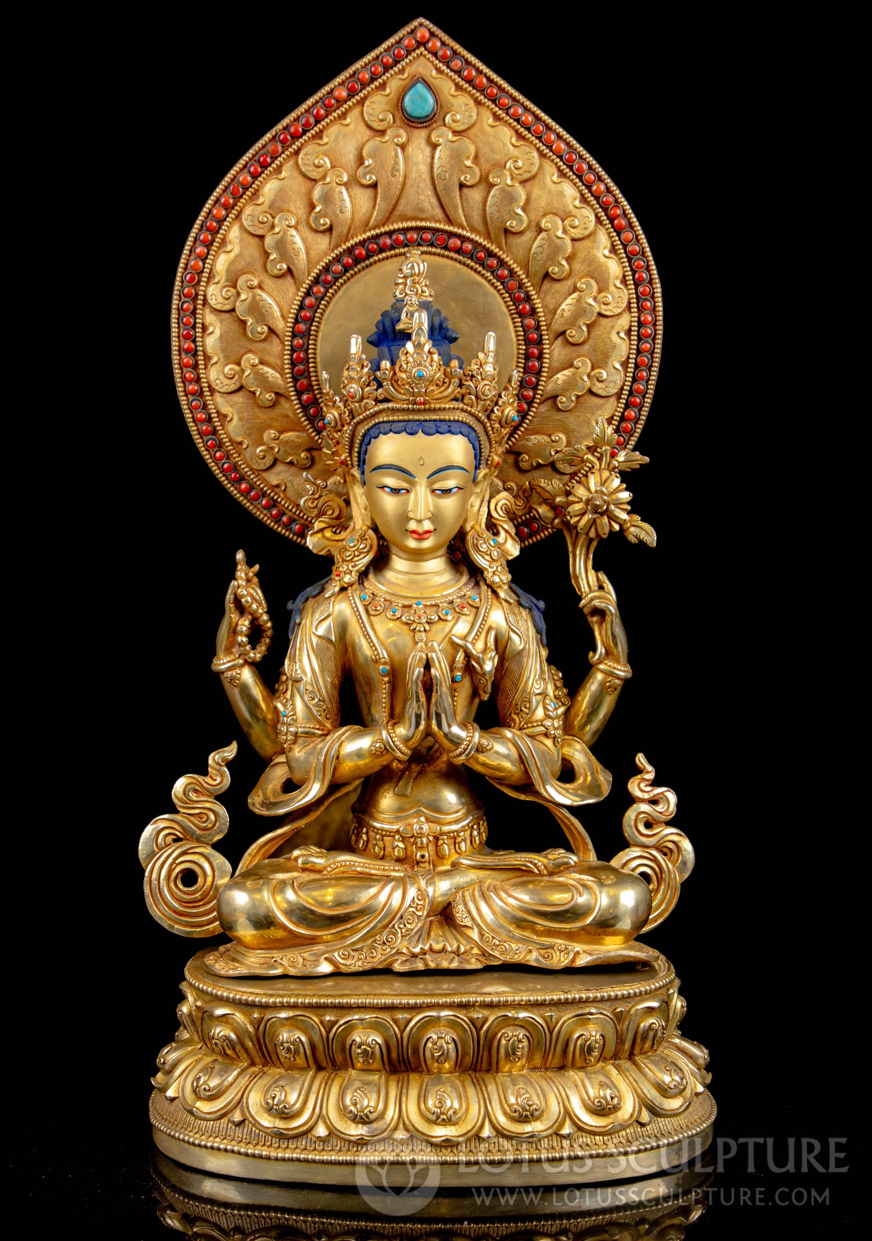 Nepalese Chenrezig Statue in Copper with 24k Gold Face and Gemstone 20"