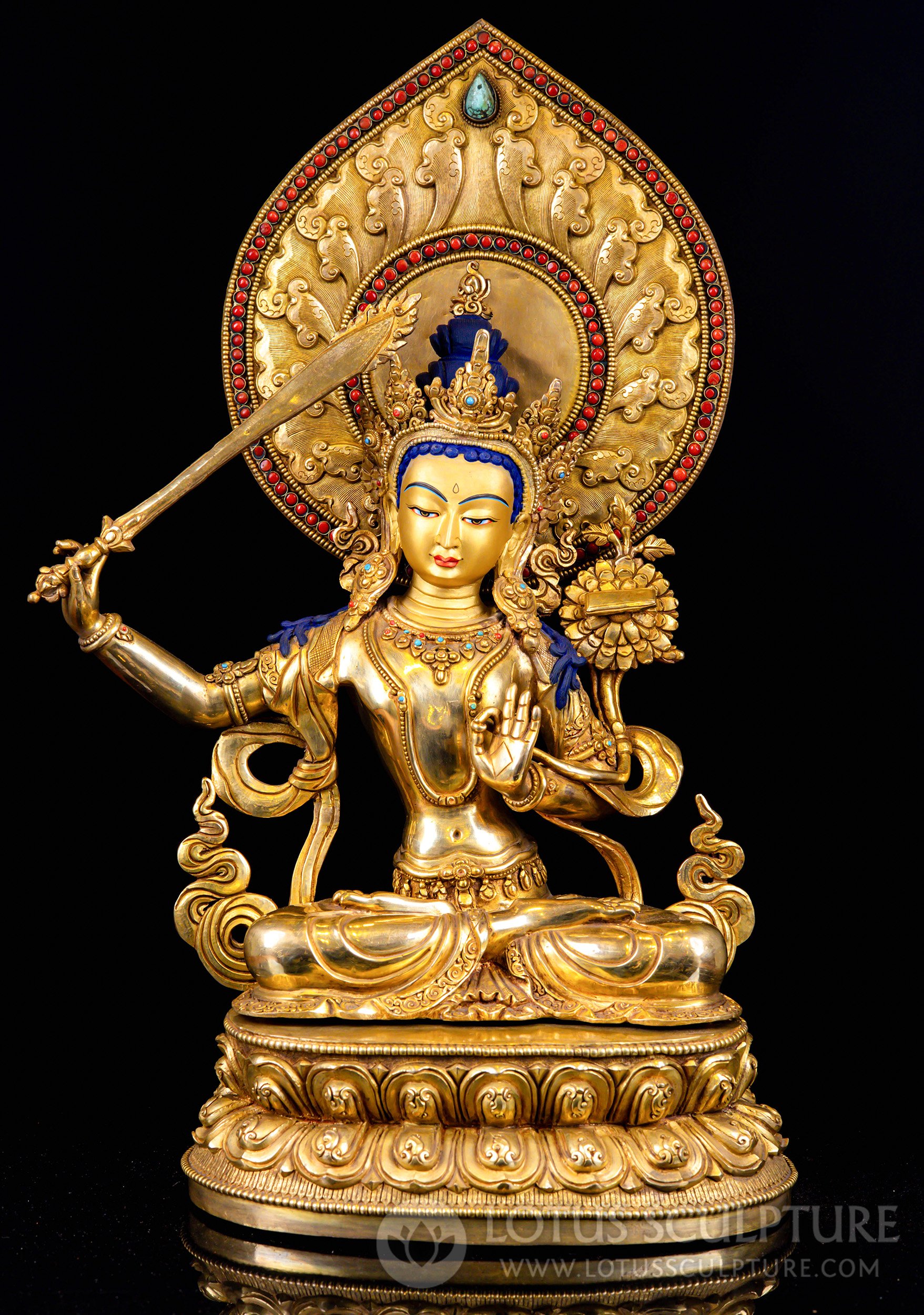 Nepalese Manjushri Statue in Golden Copper with Hand-Painted 24K Gold Detailing 20"