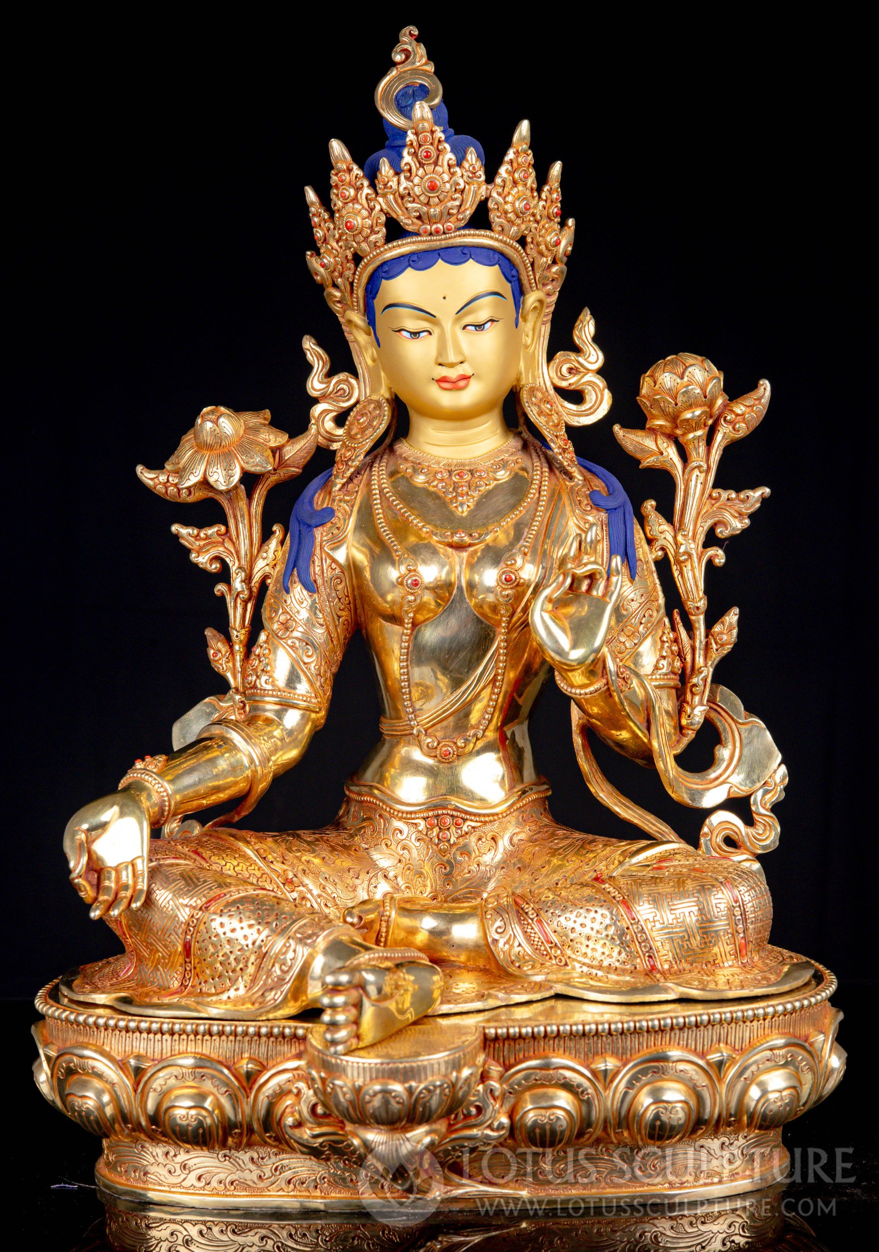 White Tara Brass Statue with Gold Finish, 12 inches