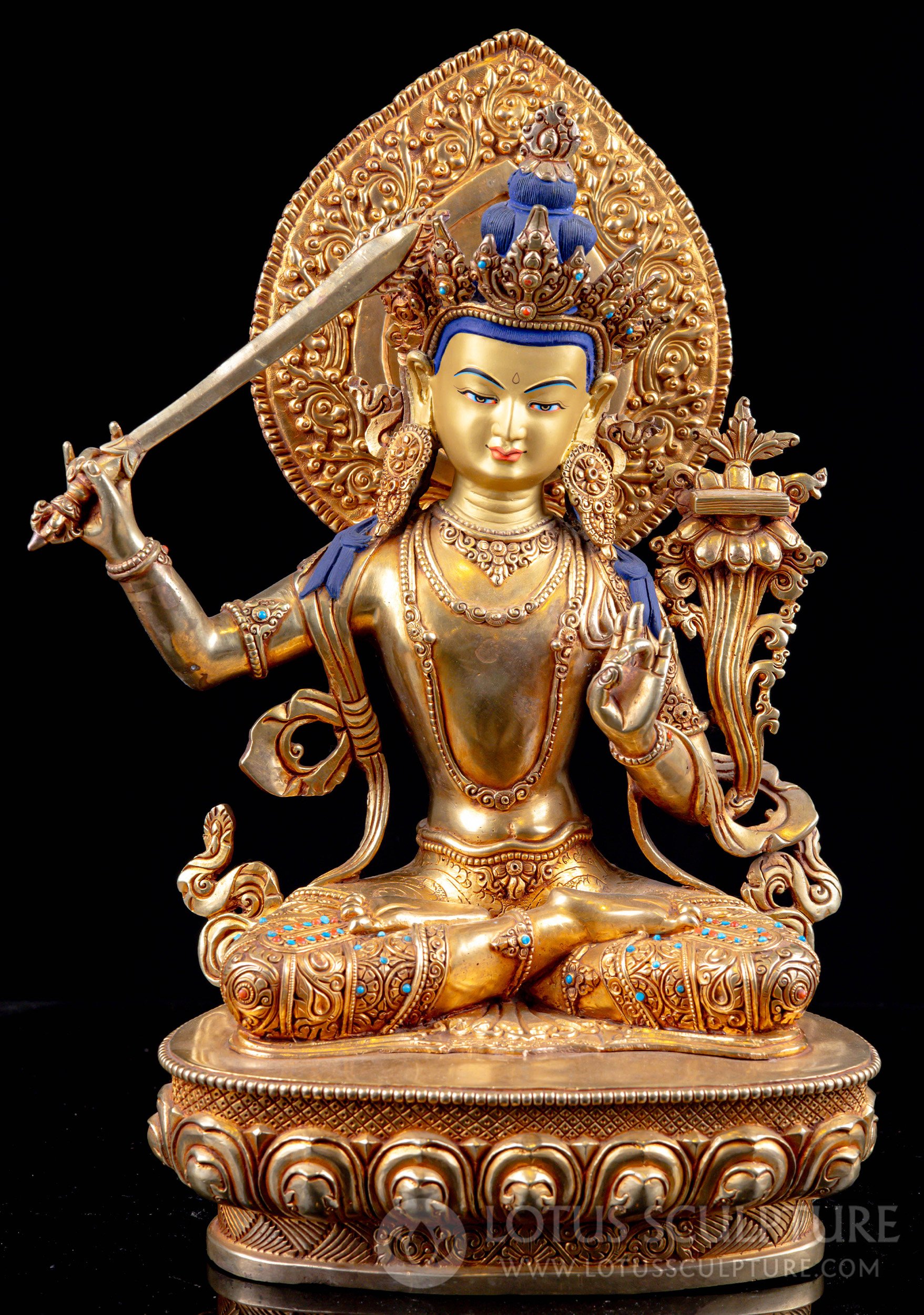 Nepalese Manjushri Statue in Copper with 24k Gold Face, Turquoise & Coral Stones 16"