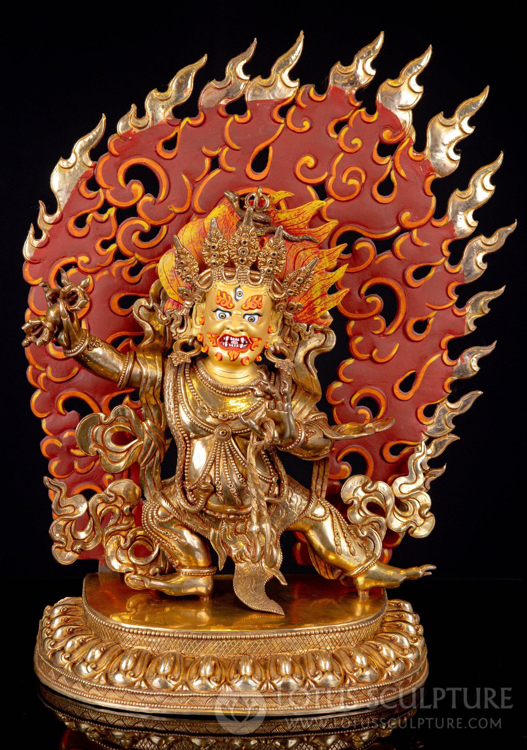 Nepalese Copper Vajrapani Thunderbolt-Bearer Statue with 24k Gold Detailing and Flames 20.5"