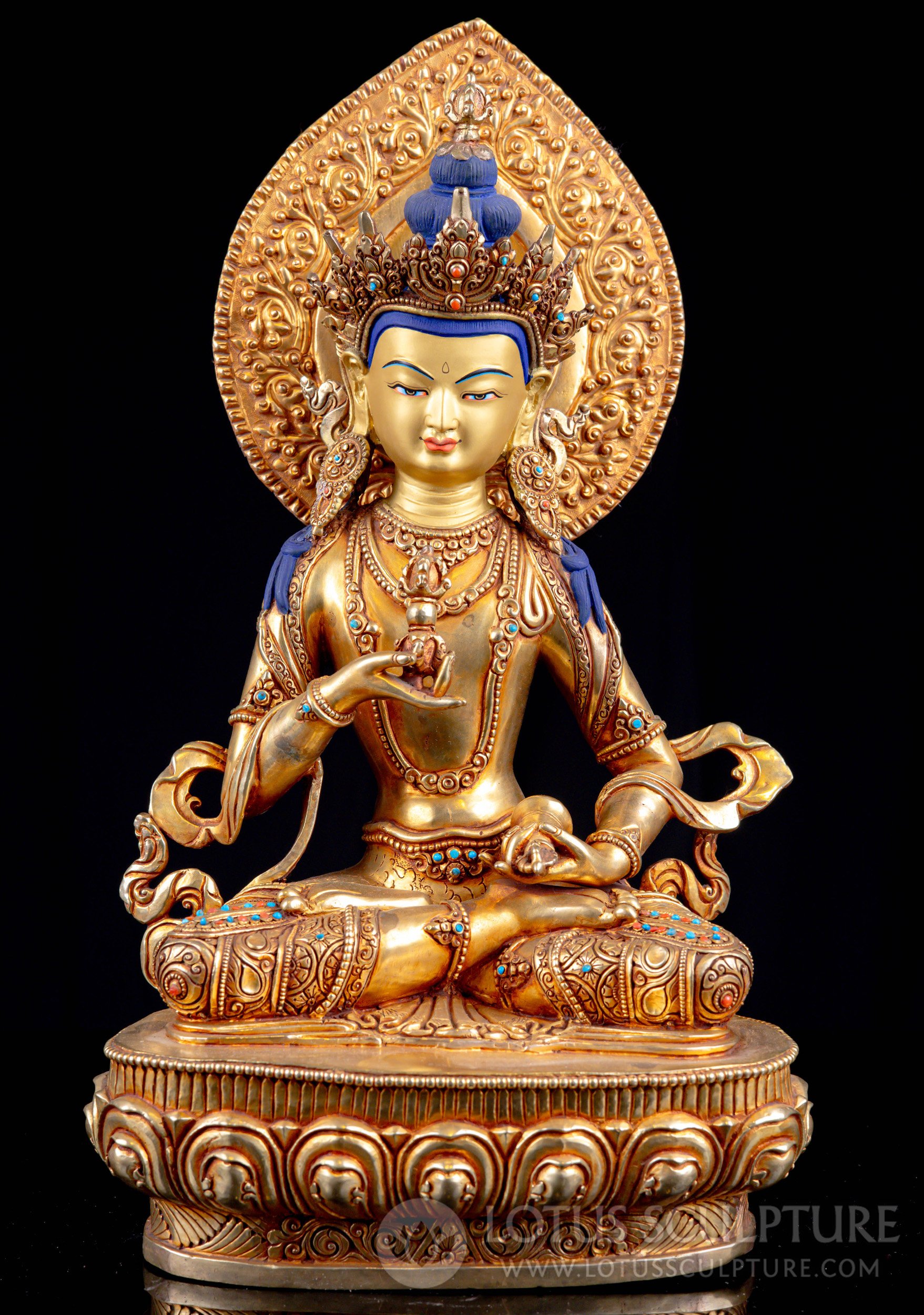 Nepalese Vajrasattva Statue in Copper with 24k Gold Details and Precious Stones 16"