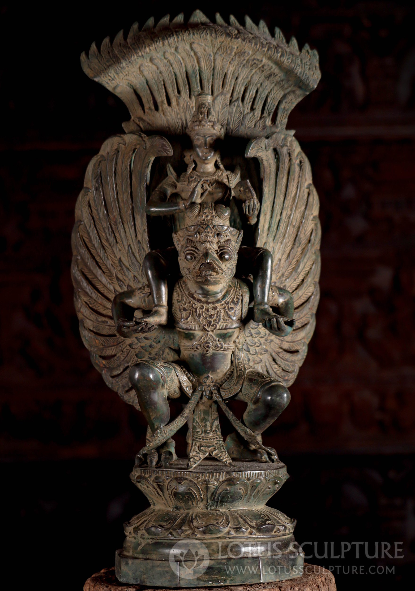 Brass Vishnu Riding The Shoulders of Eagle Garuda with Outstretched Wings 26"