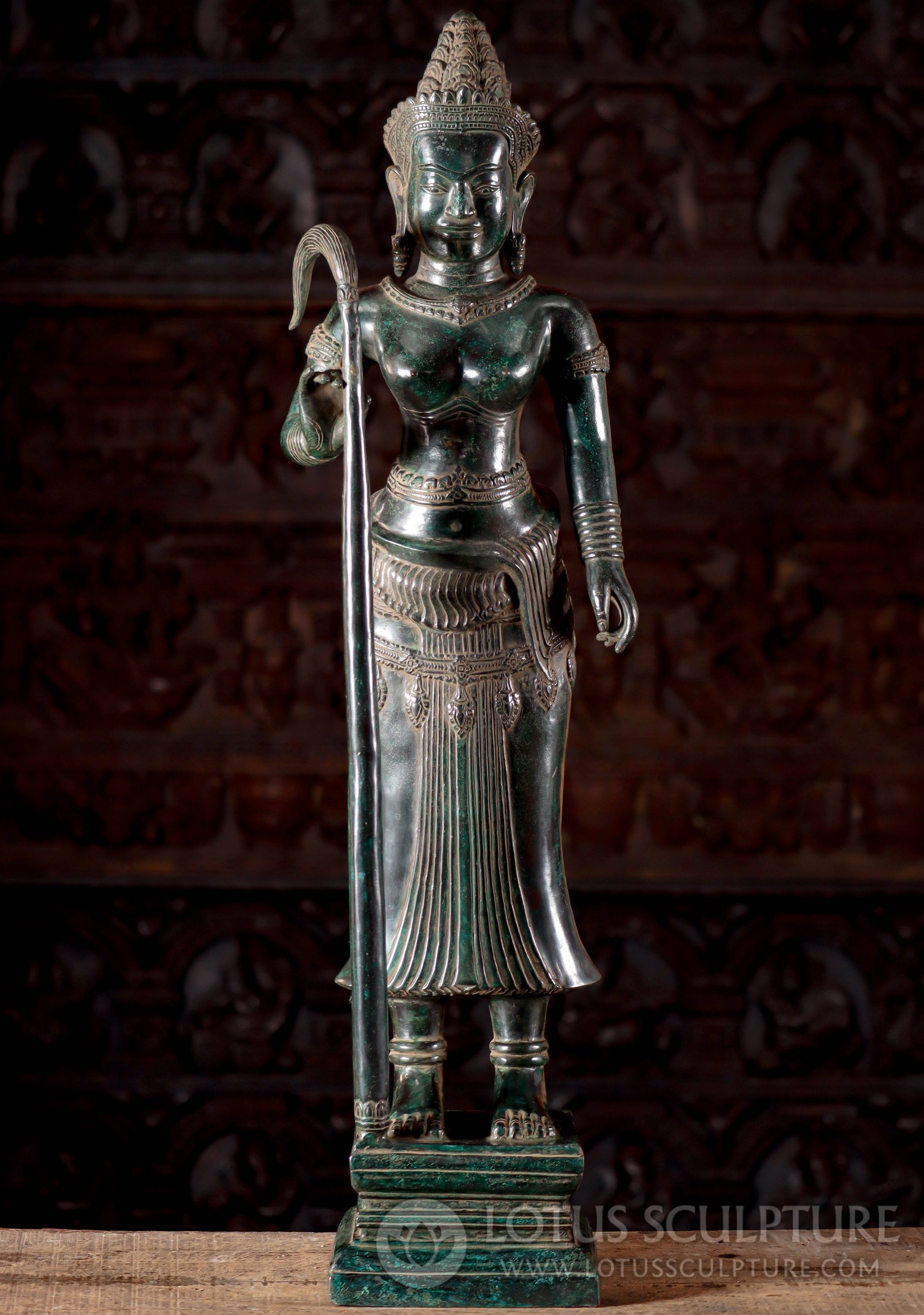 Cambodian Bronze Statue of the Plant Goddess of Fertility; Devi Sri Holding Stalk of Rice 34"