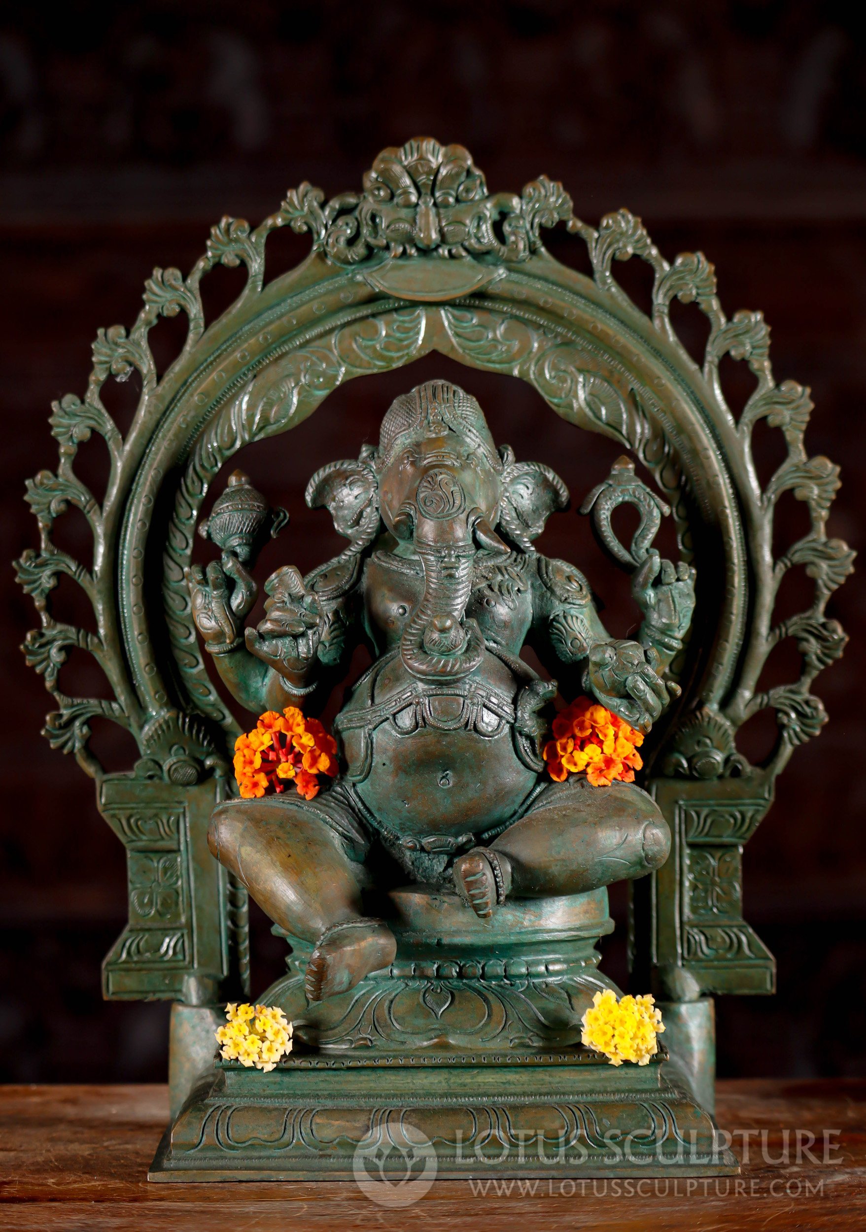 Bronze Ganesh Statue Under Prabhamandala Arch, Antique Green Patina, Lotus Base 14"