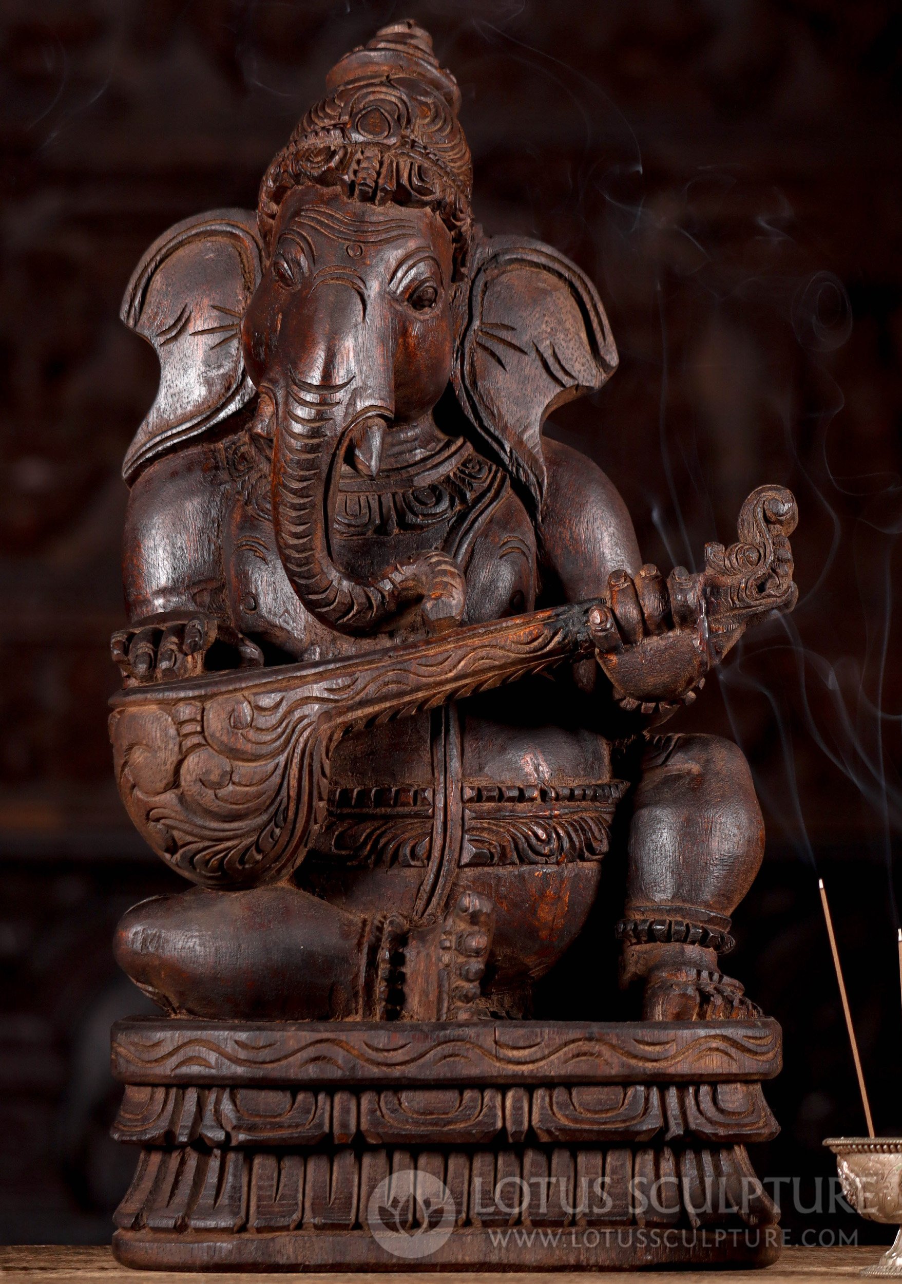 Hand-Carved Wooden Ganesha Playing Veena - Serene Musician Deity 18"