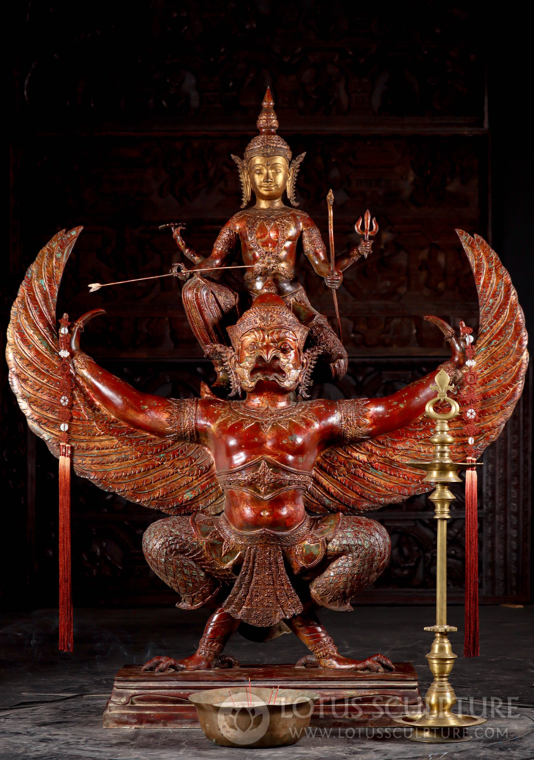 Thai Brass Statue of Lord Vishnu Riding Garuda, Red Patina with Golden Accents 61"