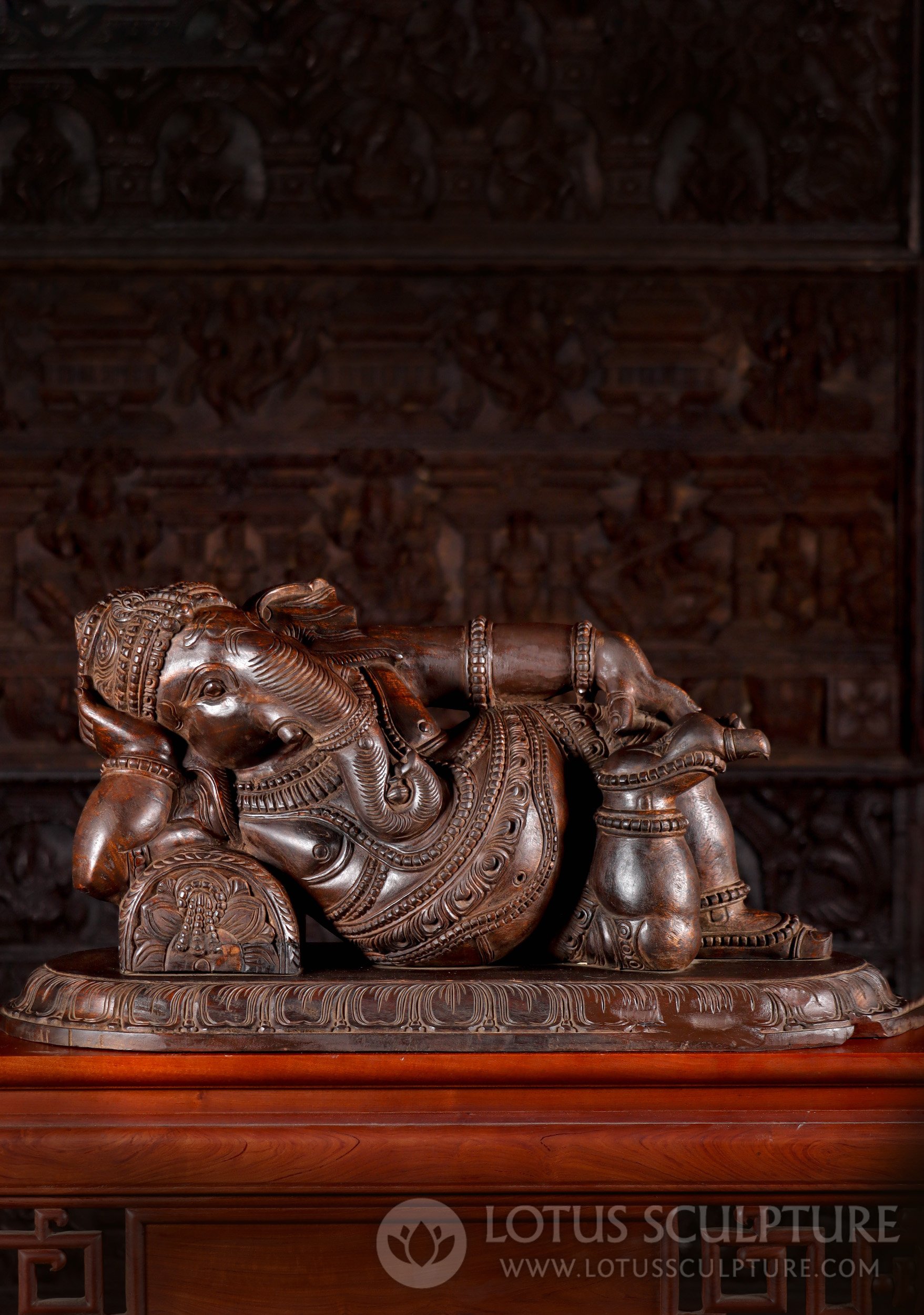 Wood Reclining "Siana" Ganesh Sculpture Resting on a Pillow Carved in South India 36"