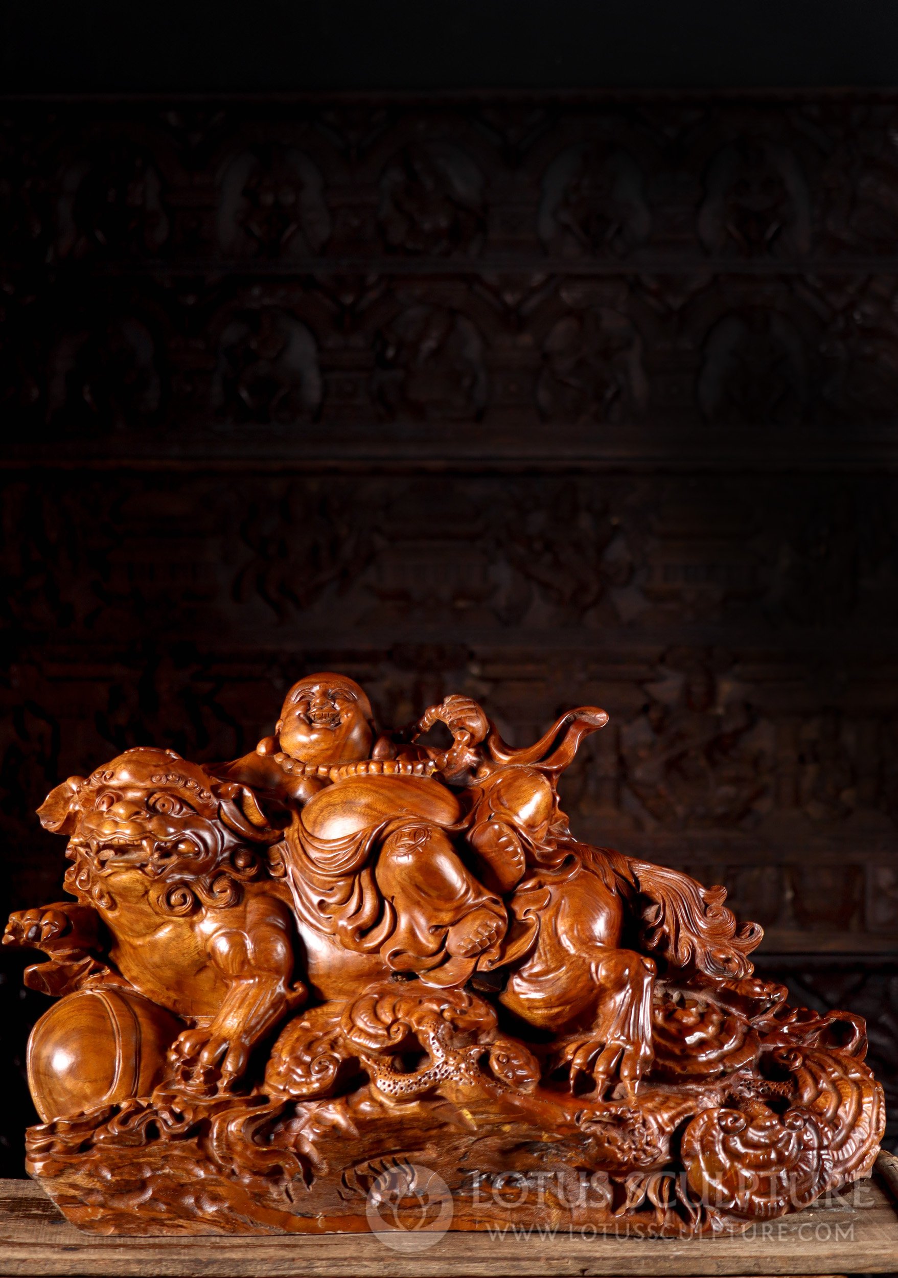 Hand-Carved Wood Fat and Happy Buddha on Foo Dog, Vibrant Sculpture with Mala 30"