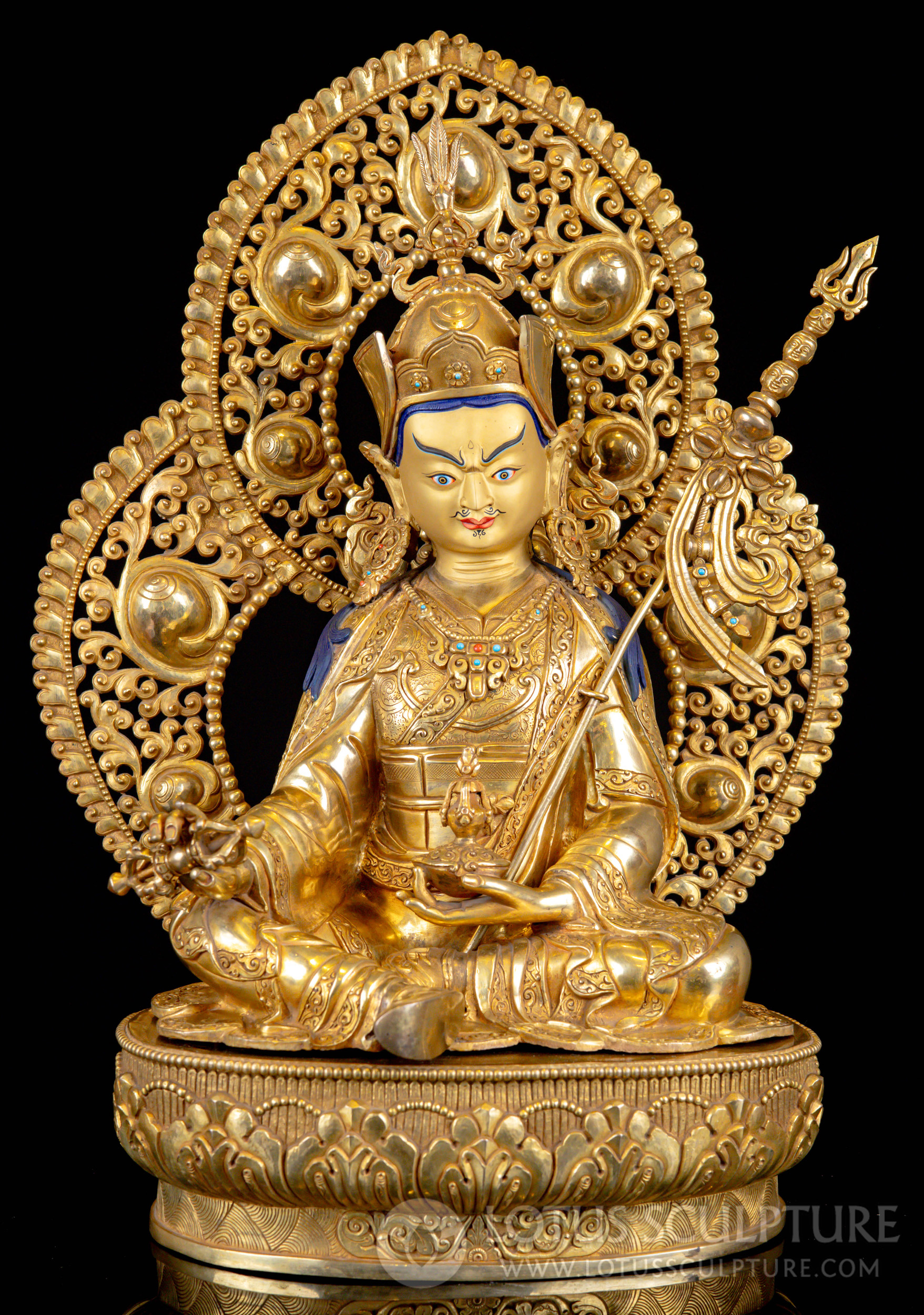 Nepalese Guru Padmasambhava Copper Statue with 24k Gold Accents 22"