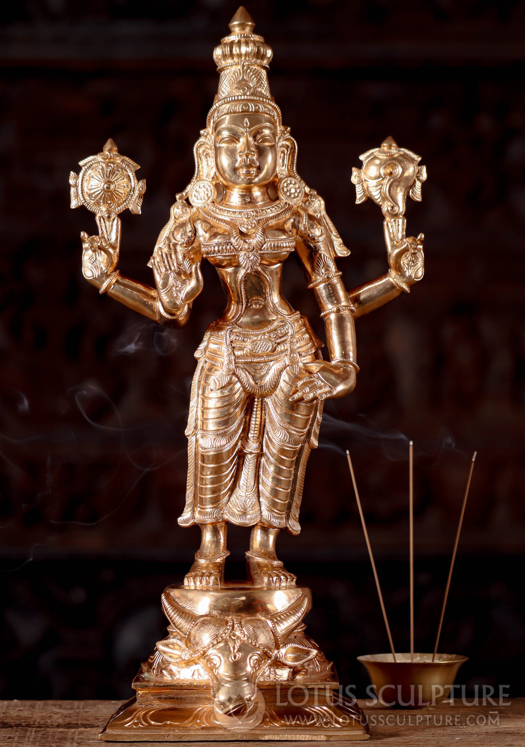 Polished Bronze Vishnu Durgai Statue, Narayani Form with Conch and Discus 19"