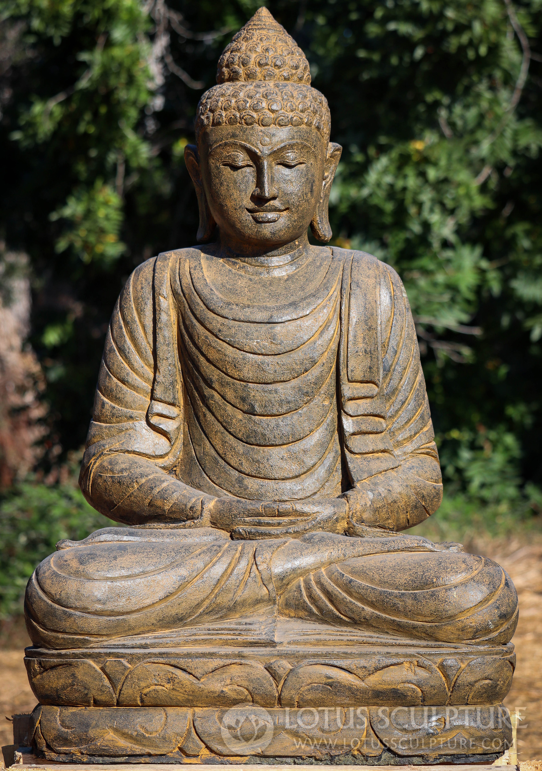 SOLD Hand-Carved Saffron Lava Stone Seated Garden Buddha in Full Lotus ...