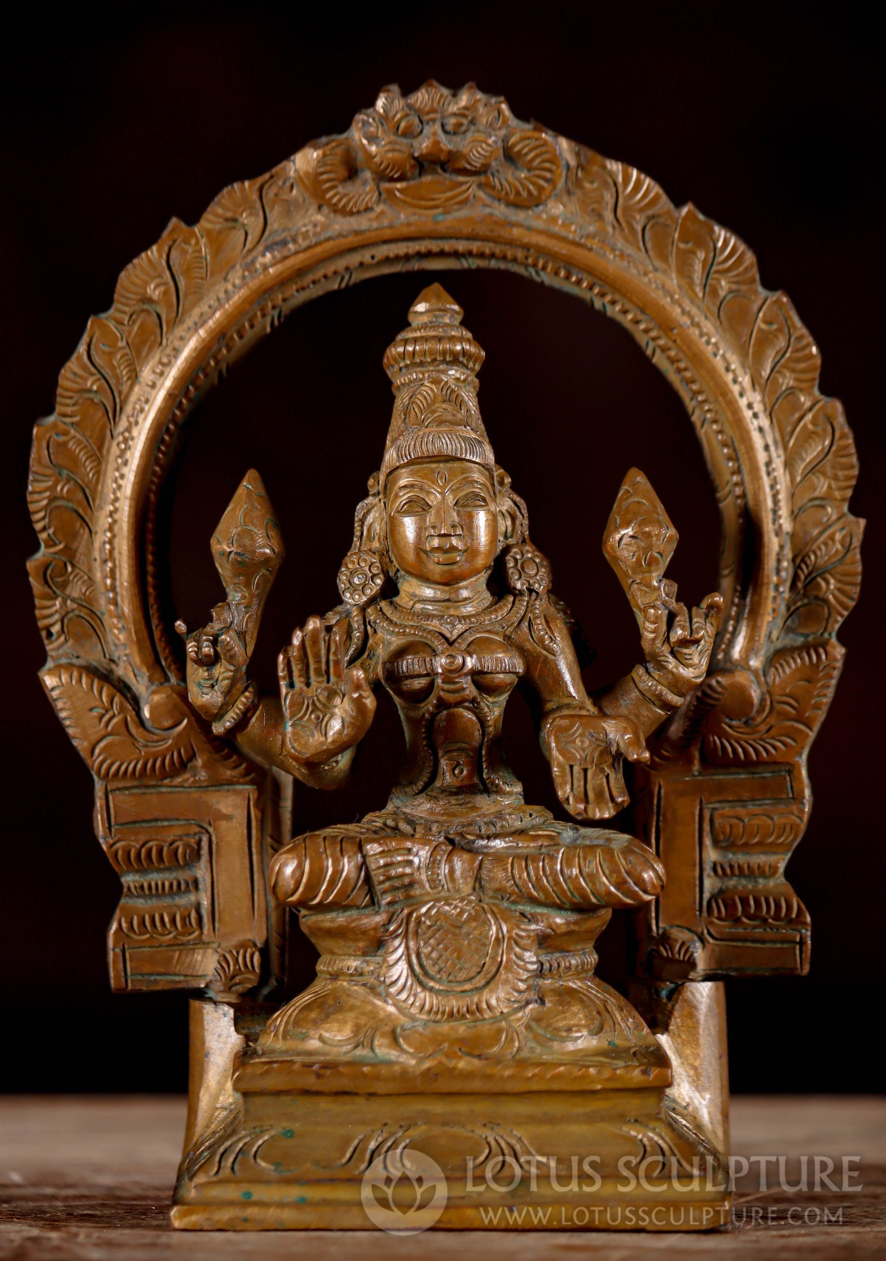 Bronze Lakshmi Statue Holding 2 Lotus Flowers with Arch and Mahakala Face 6.5"