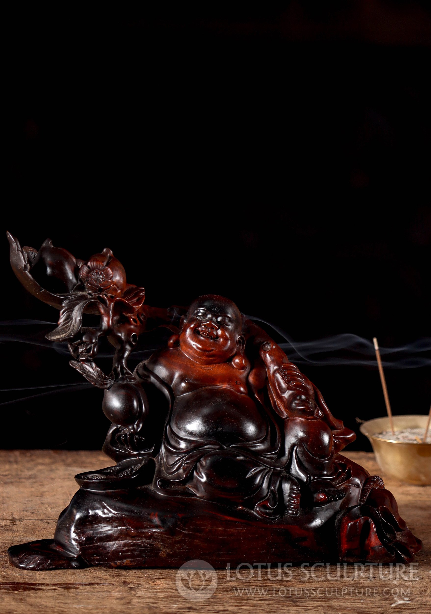 Vietnamese Hardwood Hand-Carved Fat and Happy Buddha of Wealth Statue 7.5"