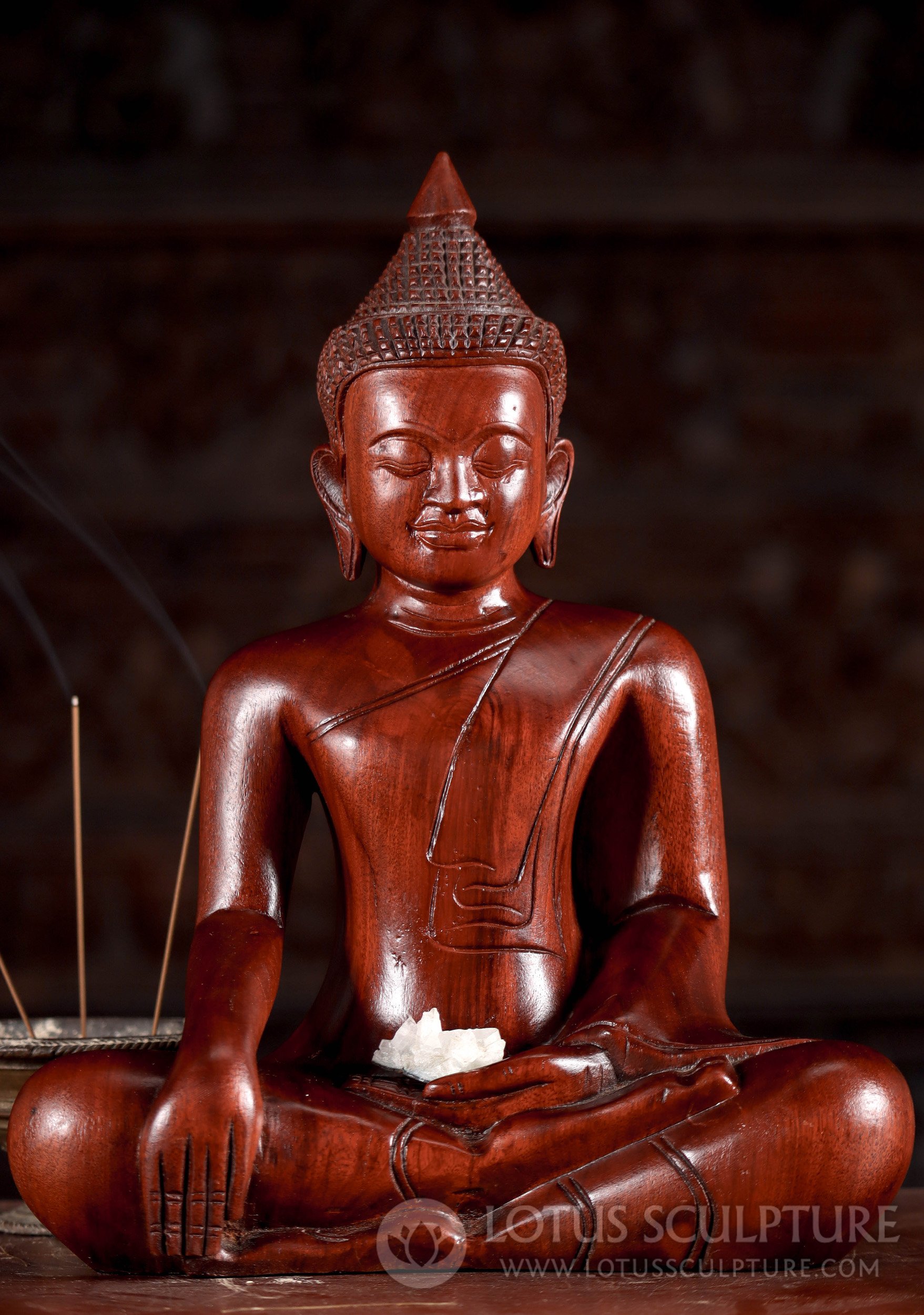 Hand Carved Wooden Buddha Statue Seated in Earth Touching Mudra 12"