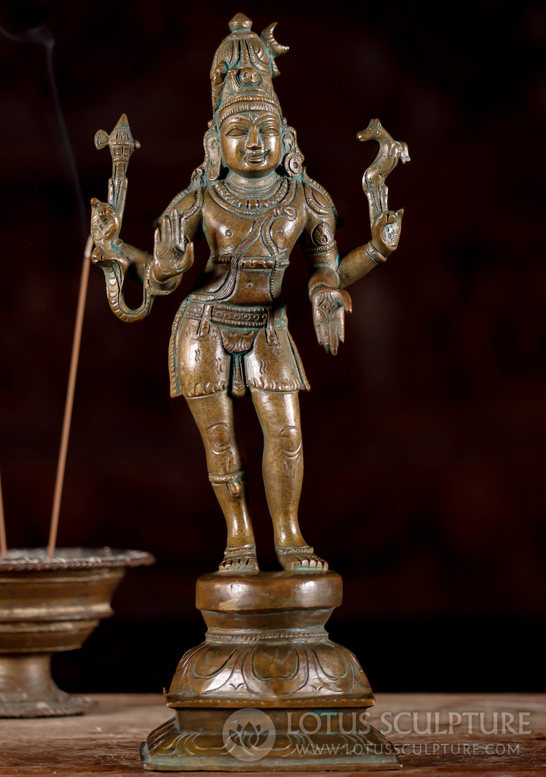 Bronze Standing Shiva Statue with Deer and Axe, Abhaya and Varada Mudras 10"