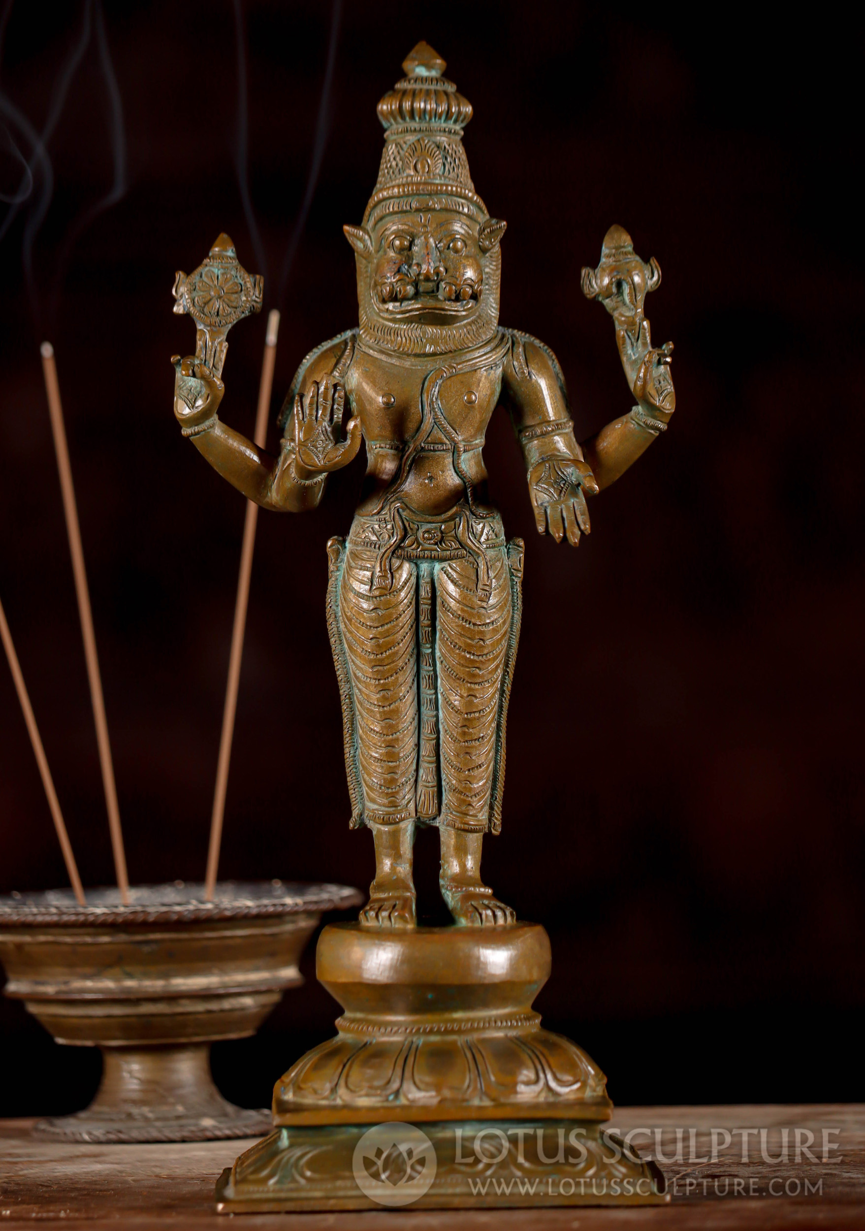 Bronze Narasimha Statue, Abhaya and Varada Mudras with Chakra and Conch 11"