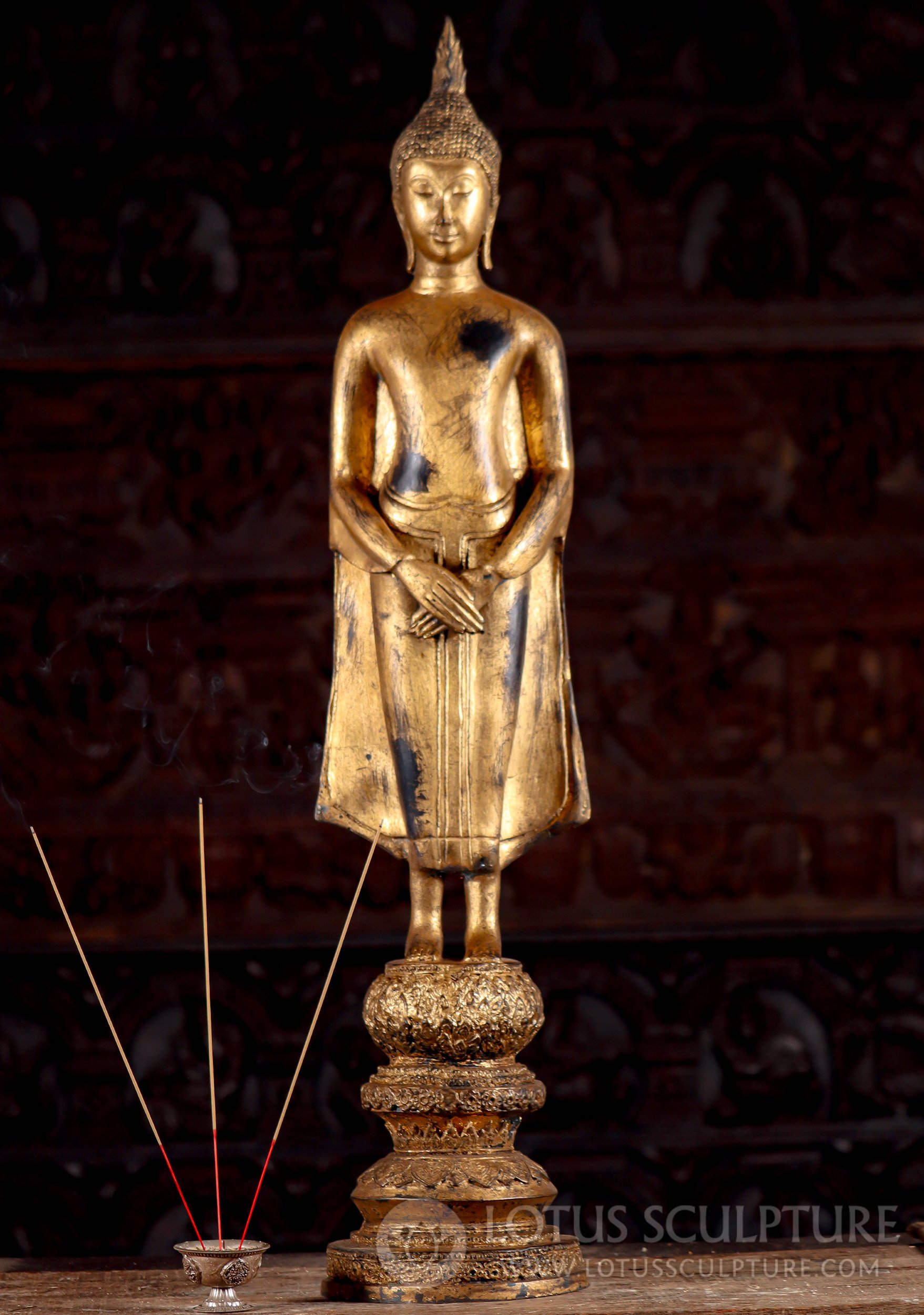 Thai Brass Buddha Statue Gold Leaf Sukhothai Style Minimalistic Design on Lotus Base 39"