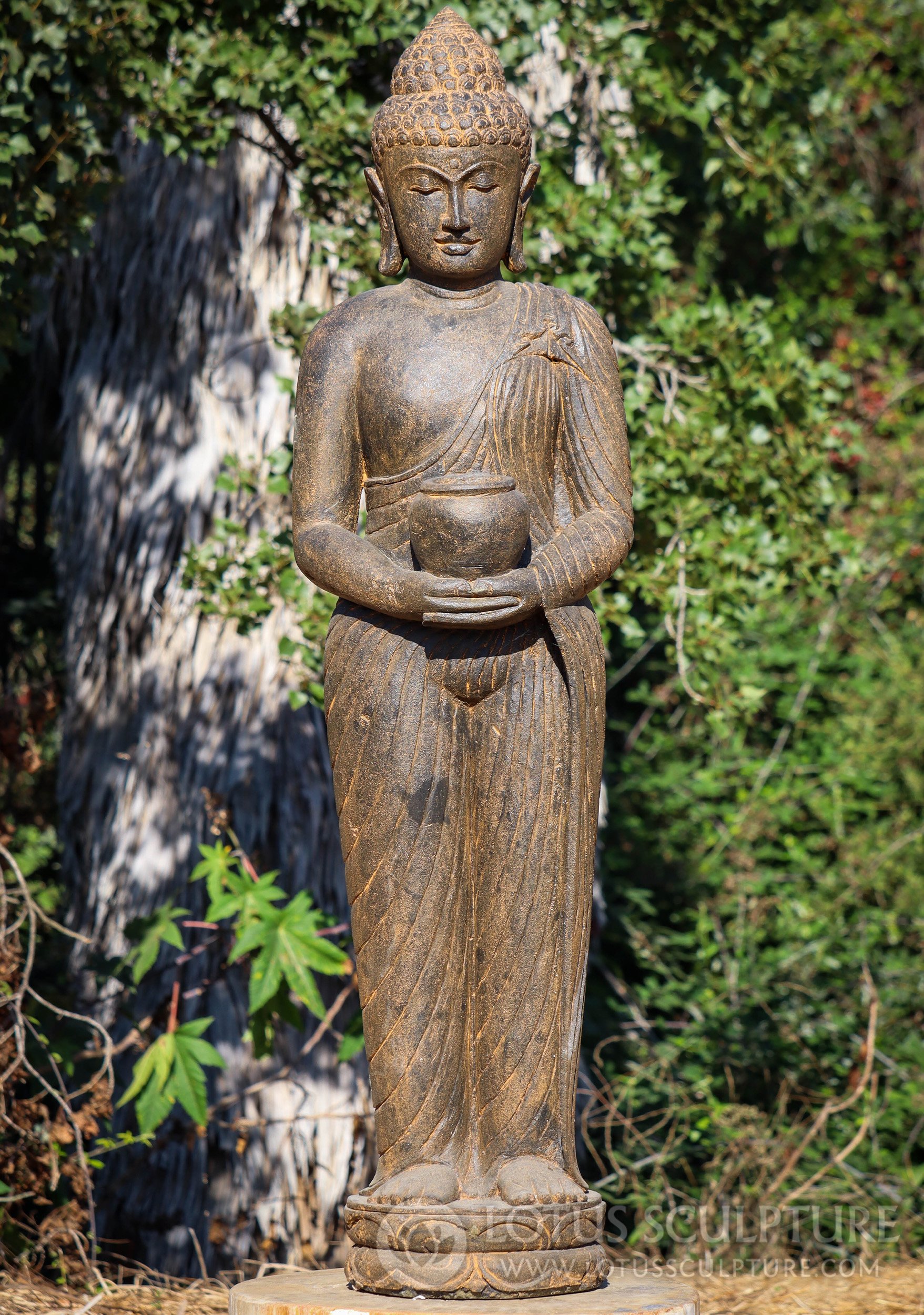 Hand Carved Saffron Lava Stone Garden Buddha Sculpture Holding Alms Bowl 61"