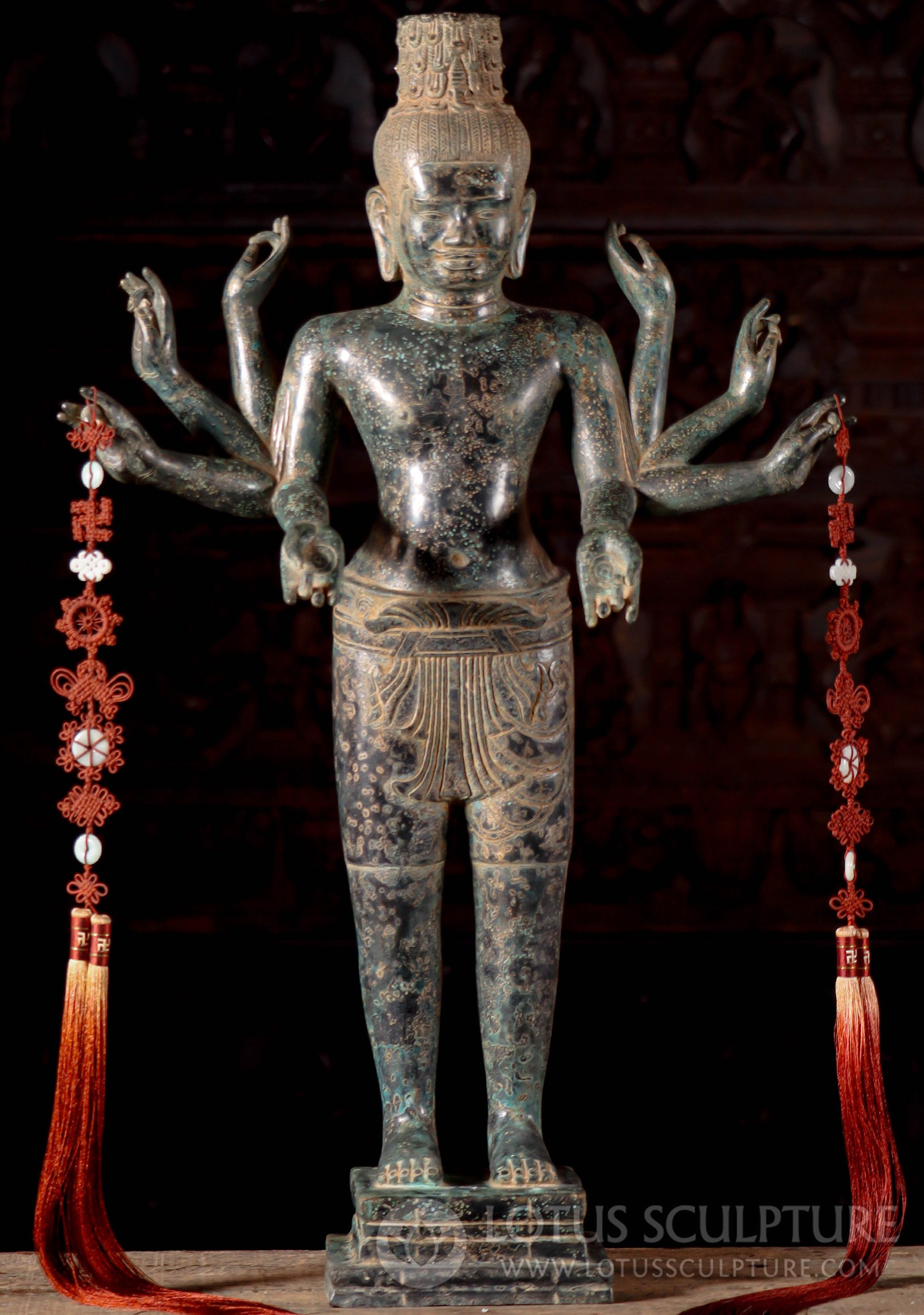 Cambodian Bronze Vishnu Statue with Eights Arms and Cylindrical Headdress 31.5"