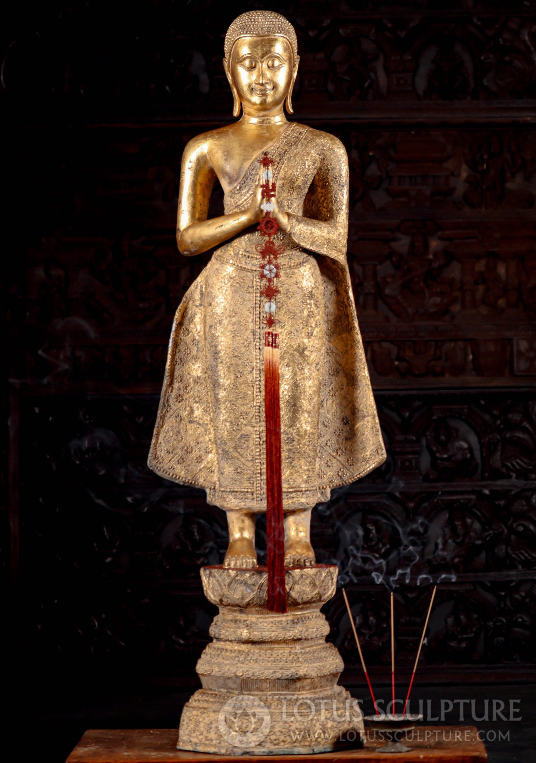 Antique Gold Leaf Thai Buddha Statue in Anjali Mudra Octagonal Lotus Base 52"