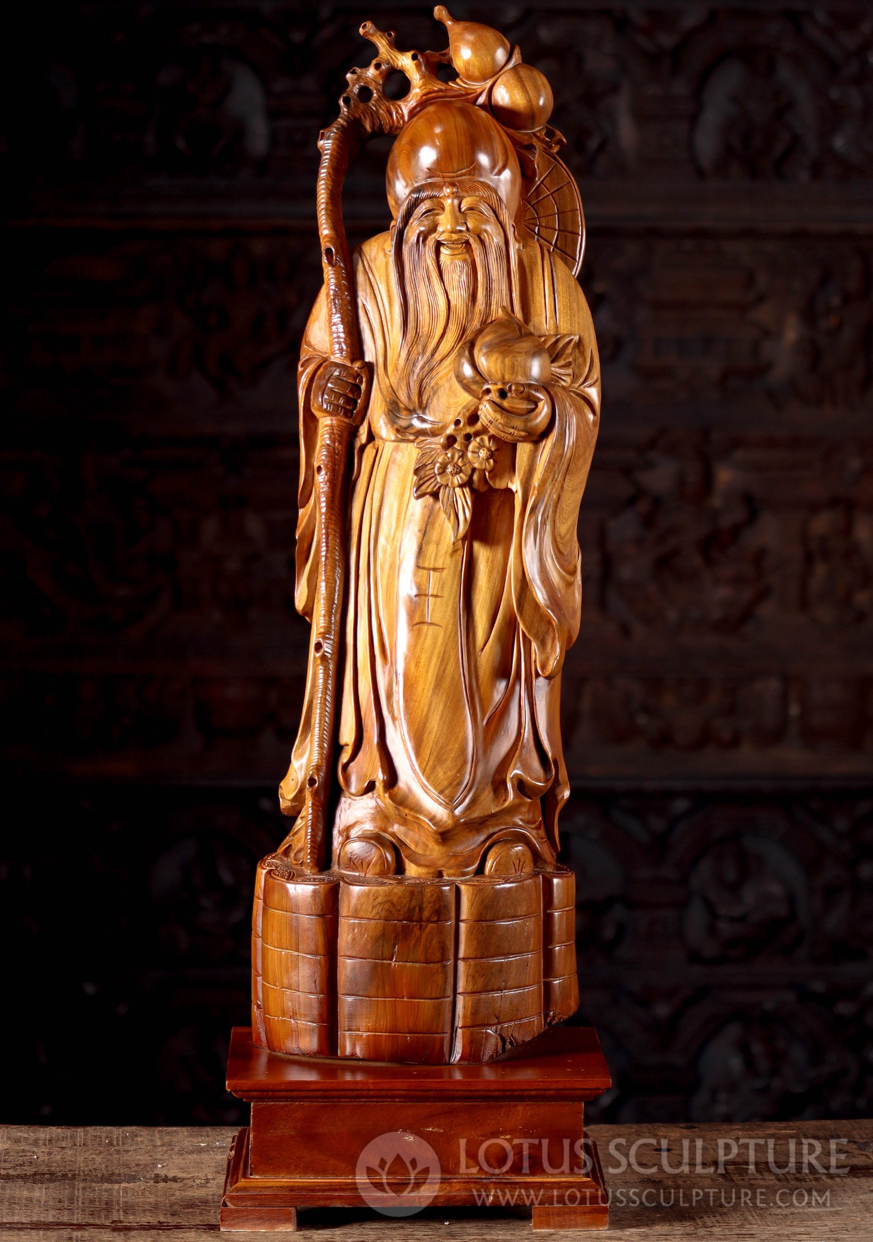 Sculpture of Lao Tzu with Peach Branch on Coins with Modern Base" 32"