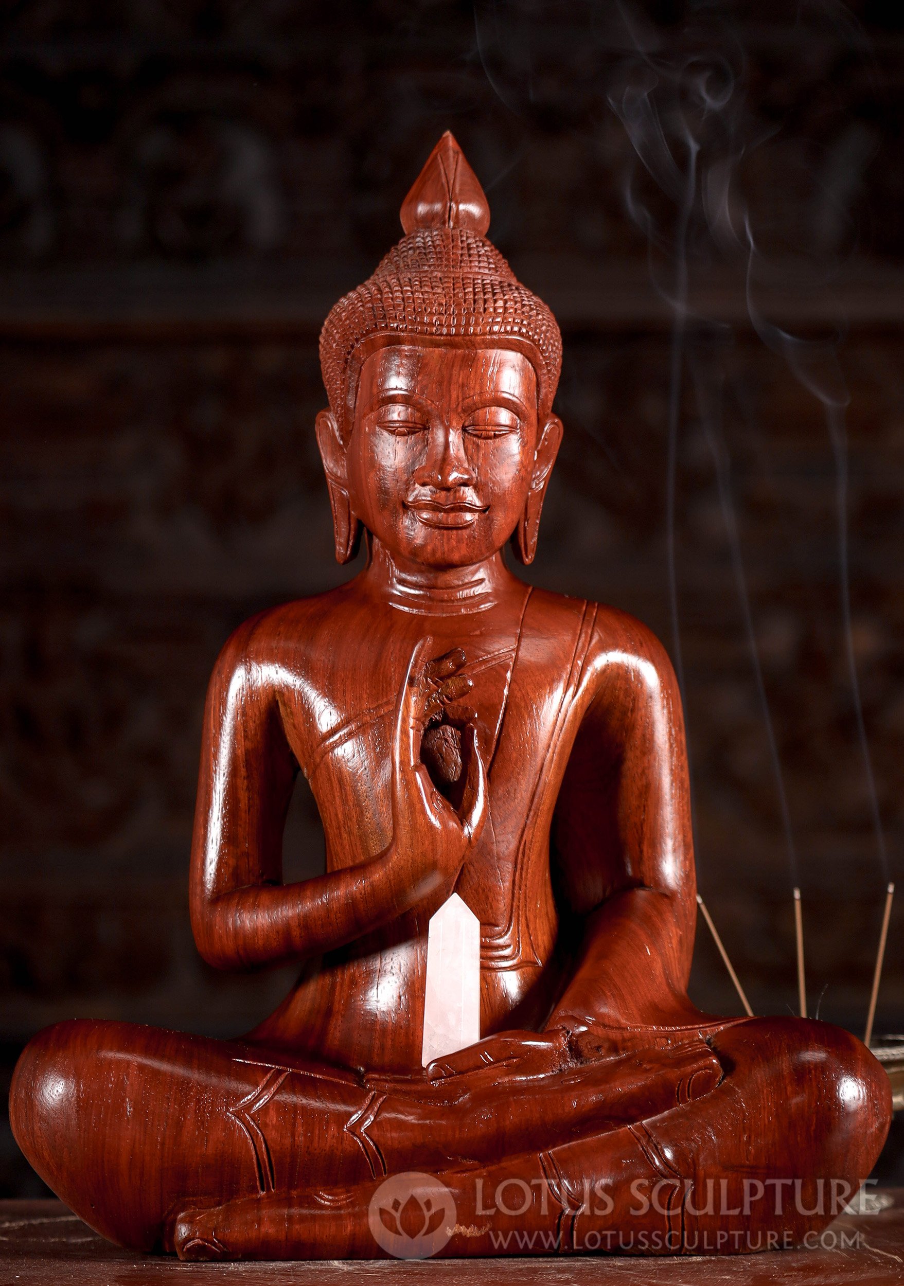 Cambodian Wooden Buddha Statue in Vitarka and Dhyana Mudra 15"