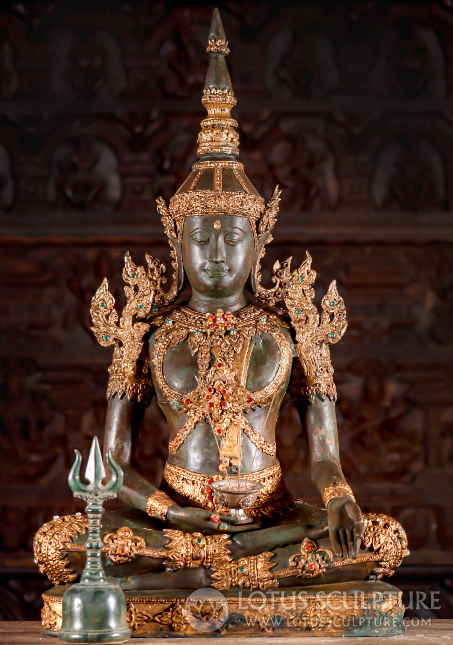 Thai Brass Gold Leaf & Antique Patina Royal Buddha in Dhyana and Varada Mudras 34"