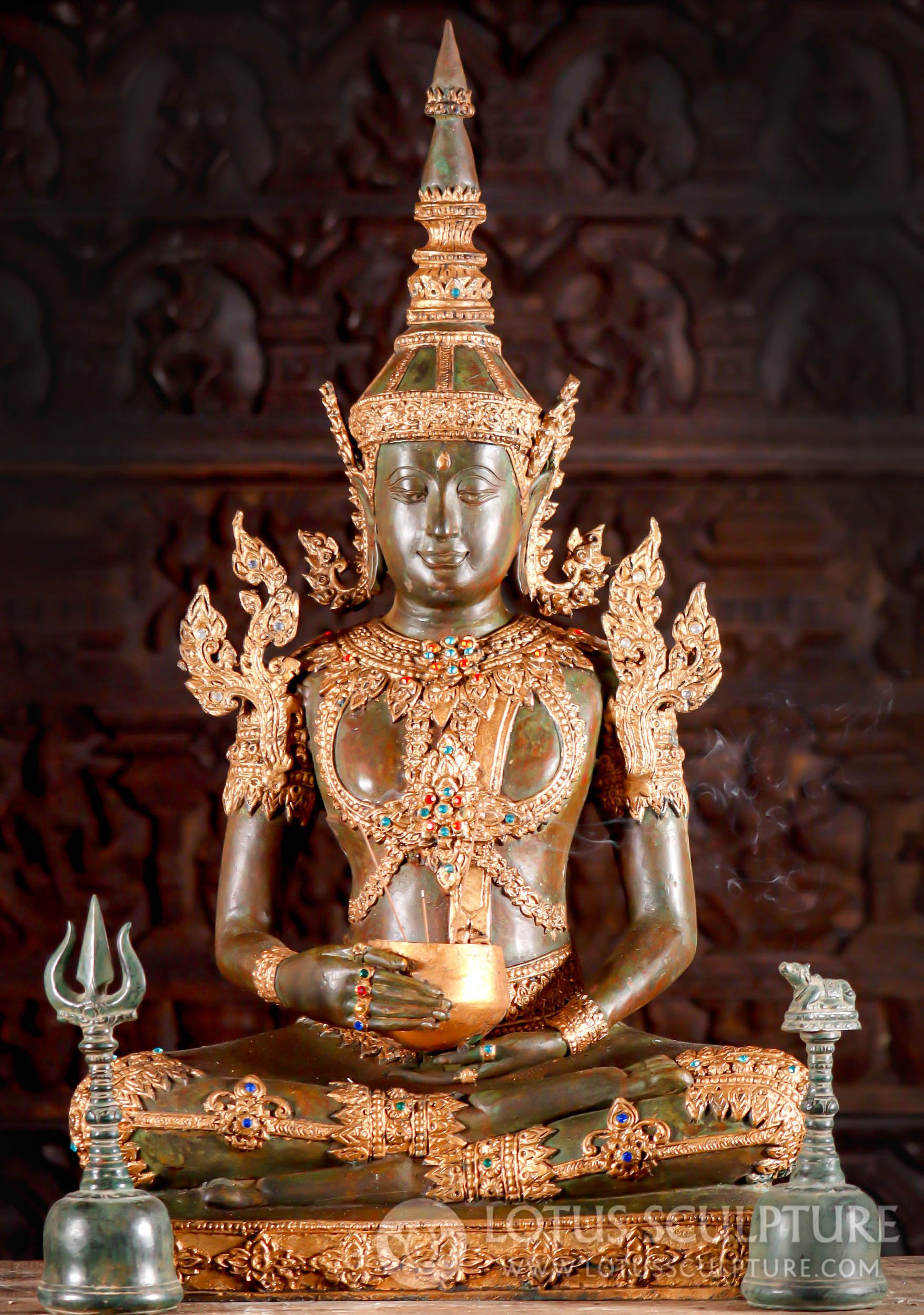 Thai Brass Buddha Seated Royal Sculpture with Gold Leaf & Alms Bowl 34"