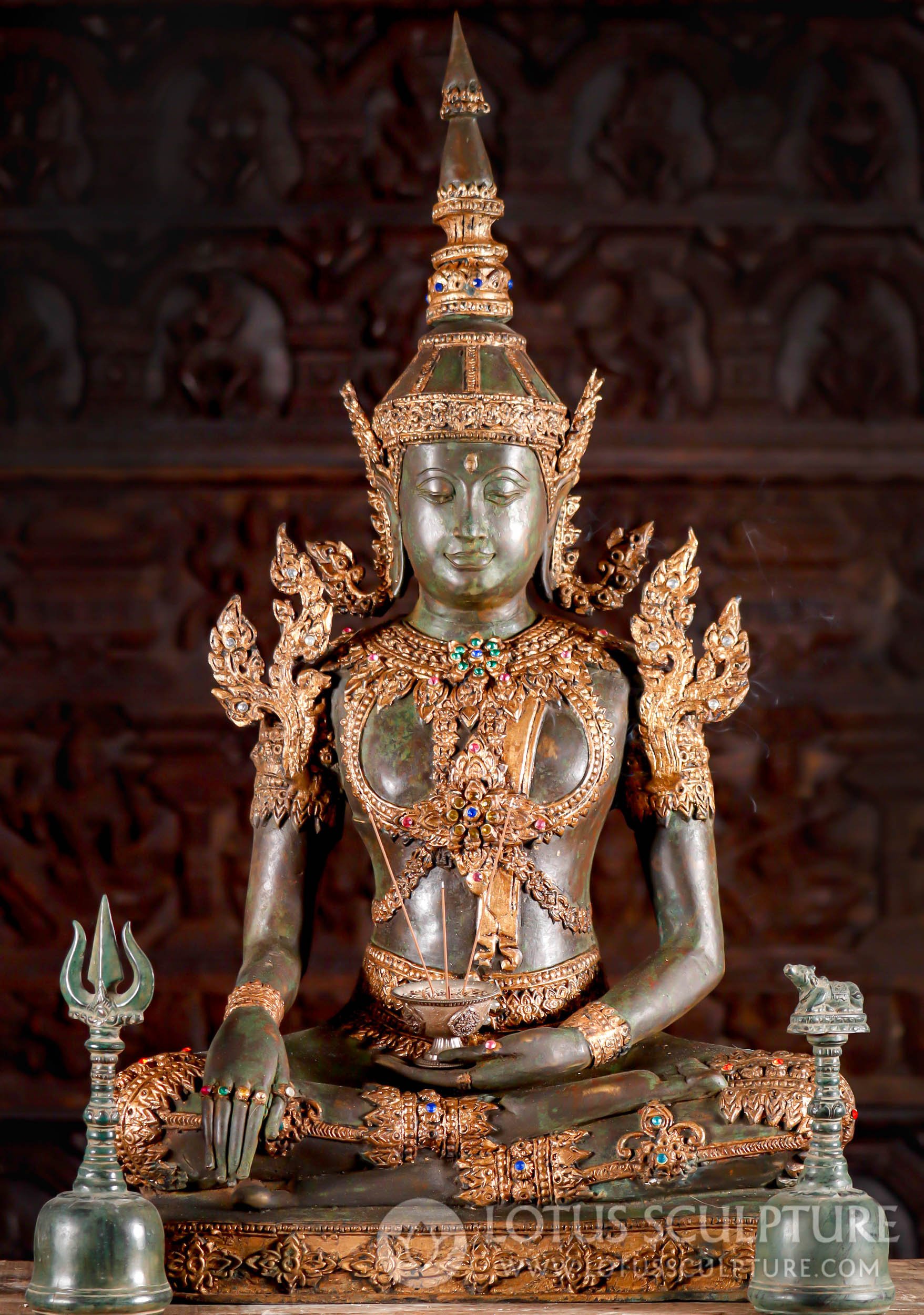 Thai Brass Buddha Antique Patina Earth Touching Royal Buddha Sculpture with Gold Leaf 34"