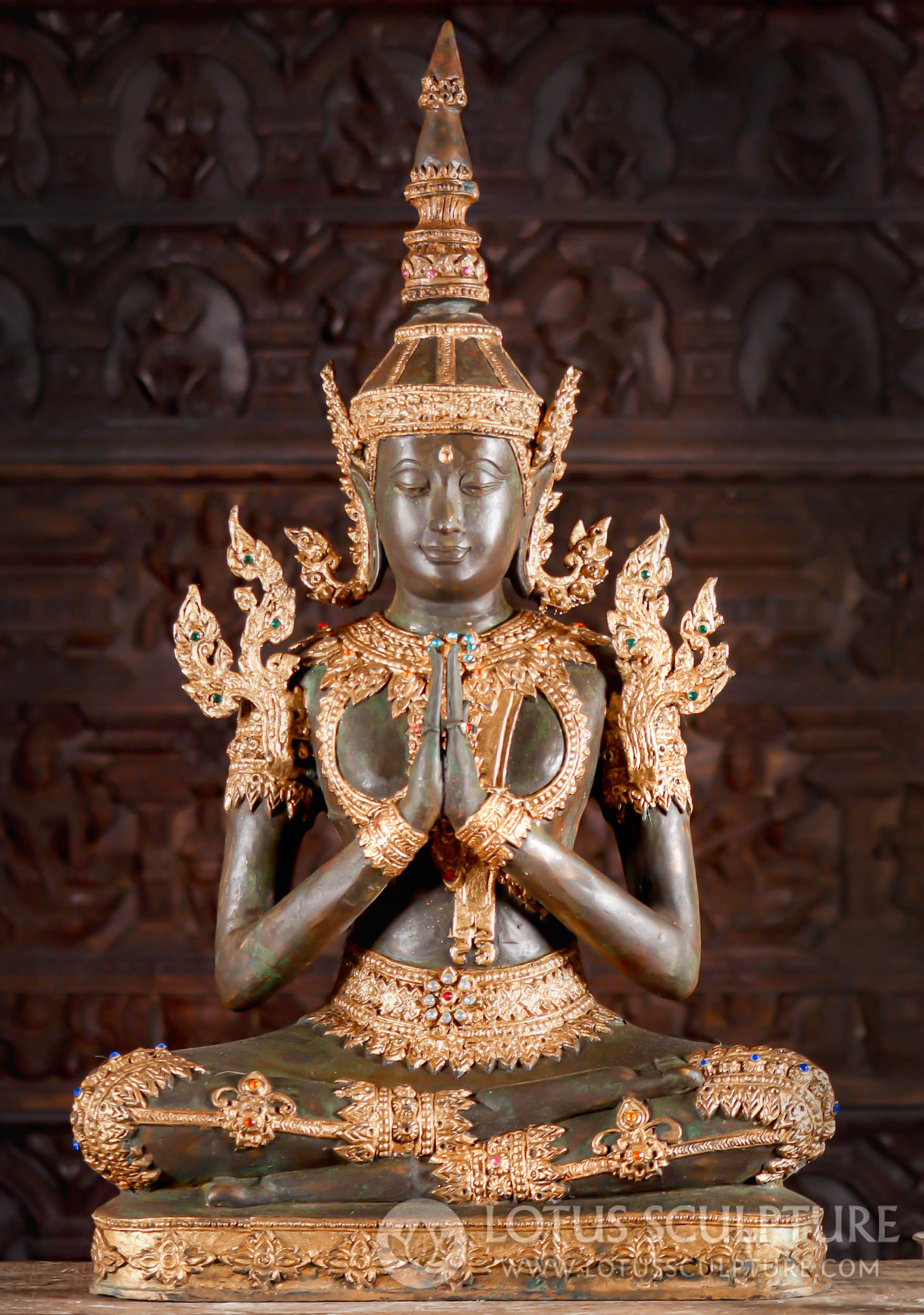 Namaste Thai Brass Buddha Seated with Antique Patina and Gold Leaf Detailing 34"