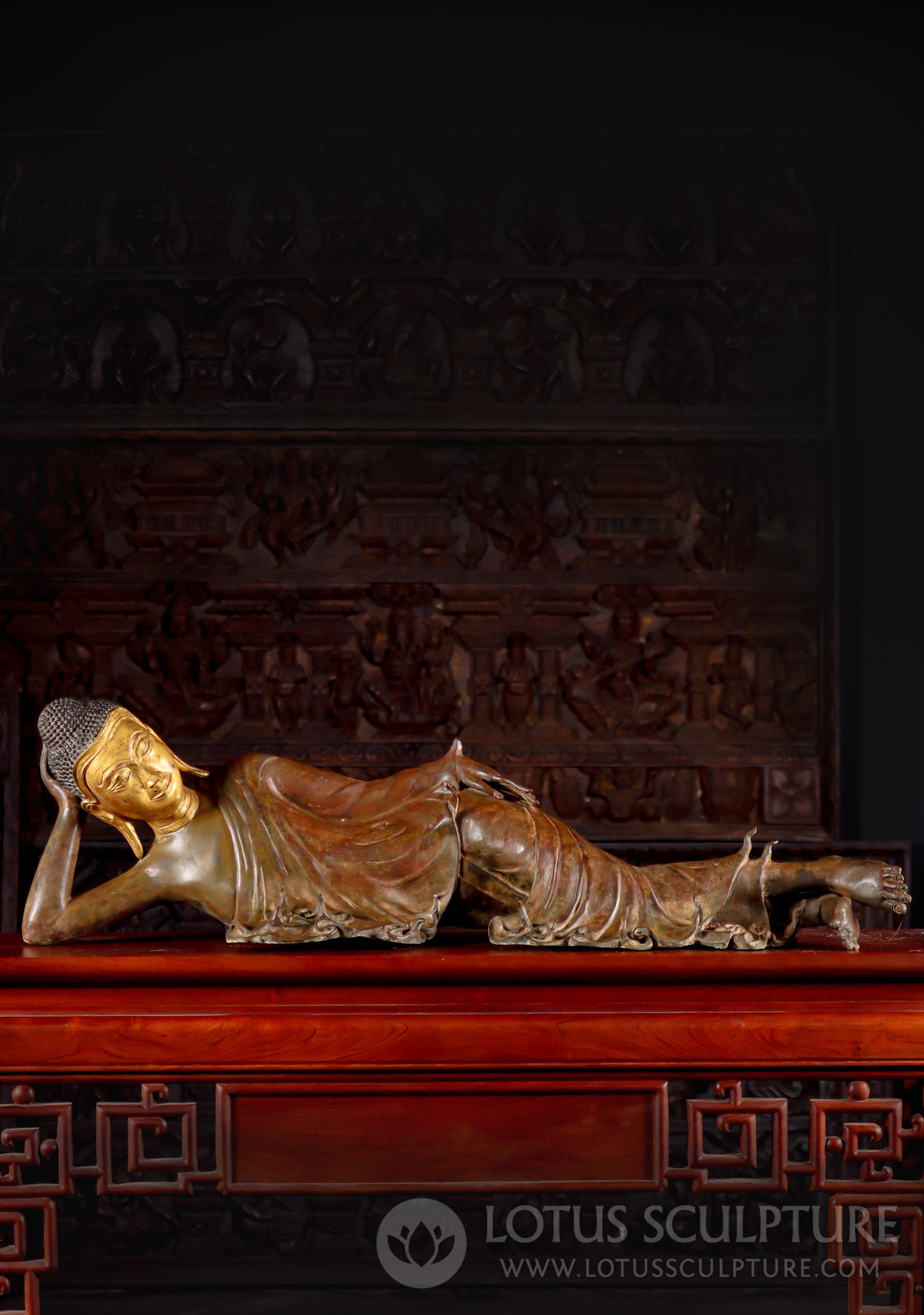 Thai Brass Buddha Statue Reclining with Gold Leaf Face in Final Moments Before Dying 41"