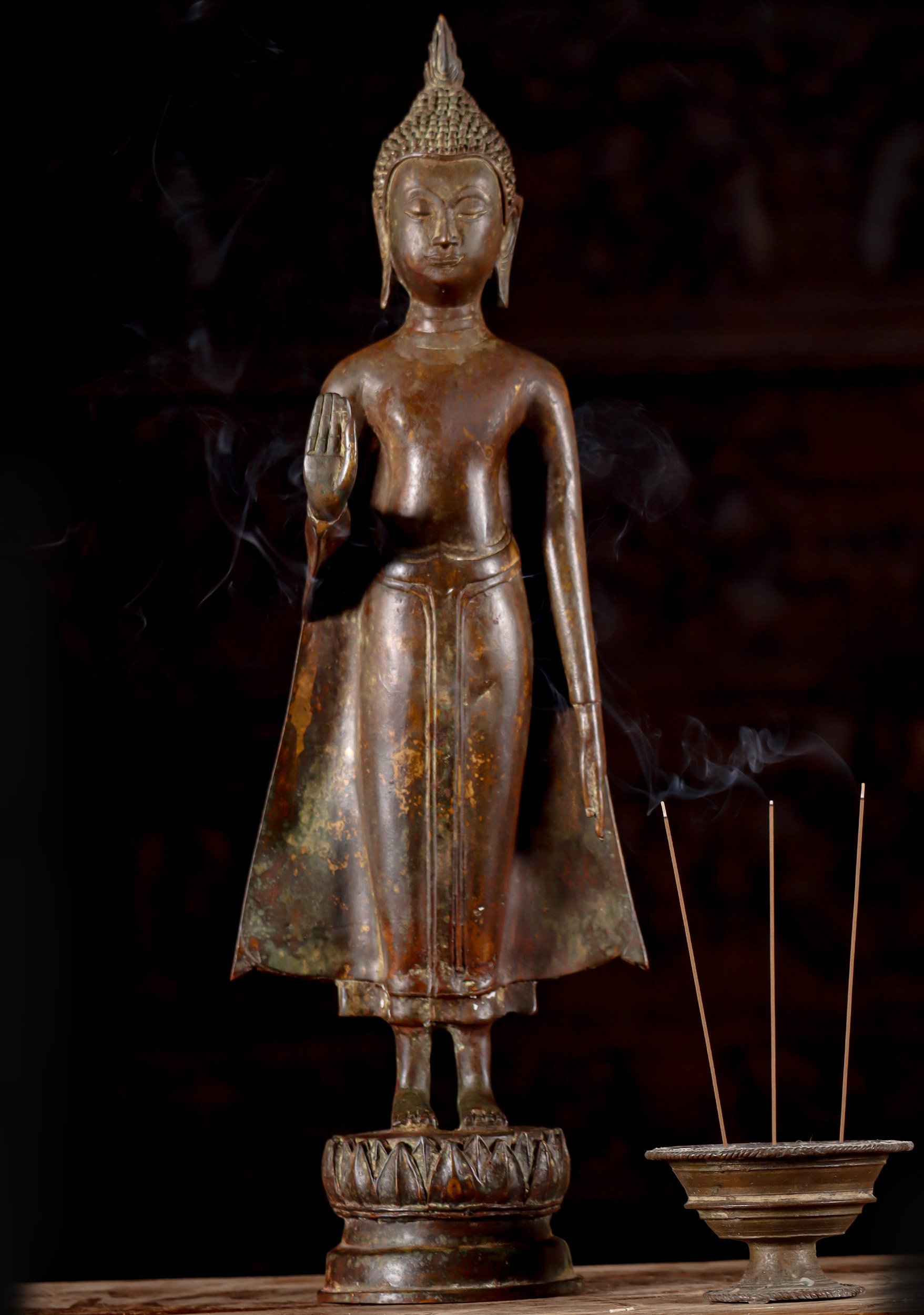 Northern Thai Uttong Style Brass Buddha, Minimalistic Design on Lotus Base 22"