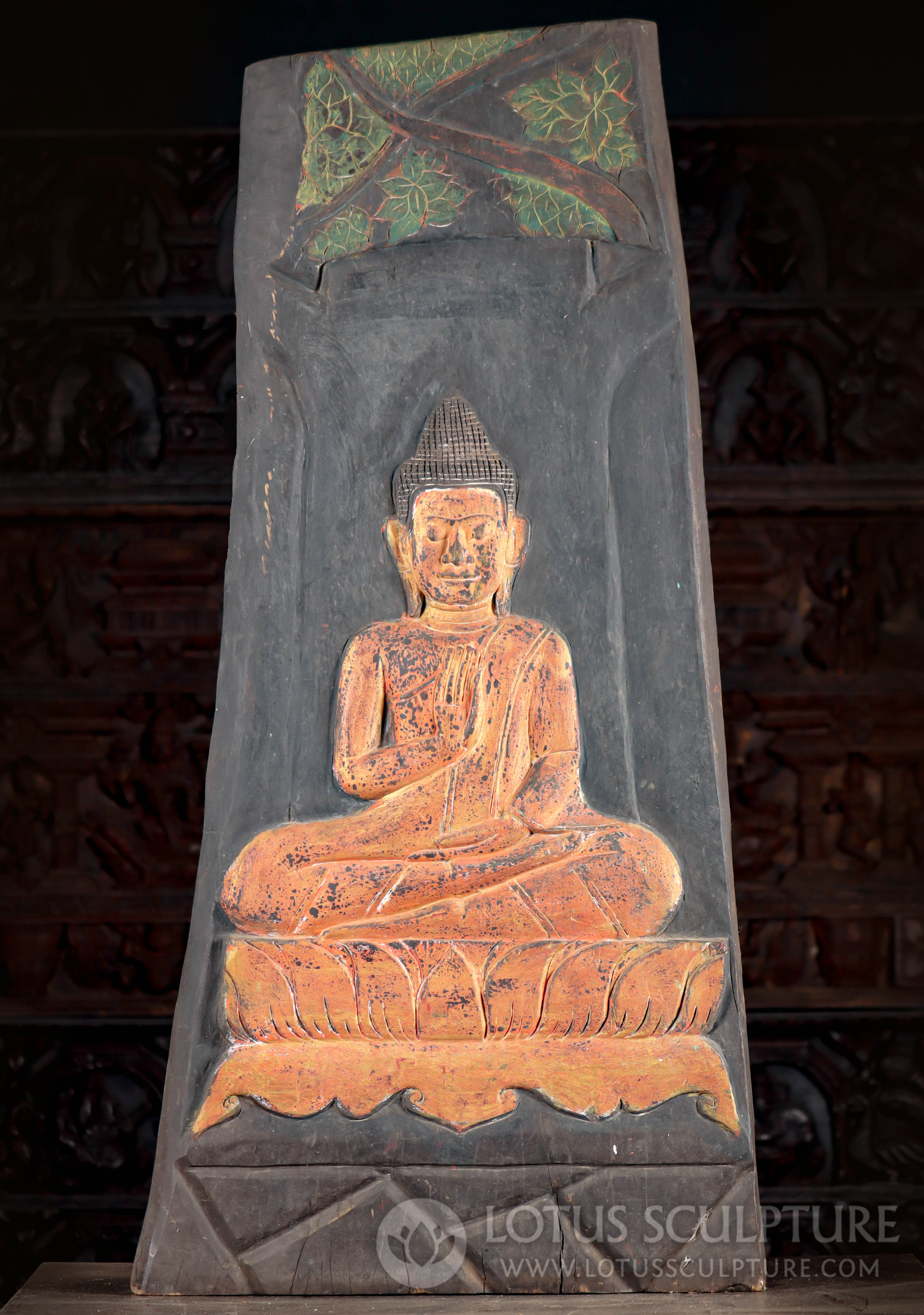 Antique Cambodian Buddha Wood Panel - Abhaya Mudra, Ardhapadmasana 49.5"