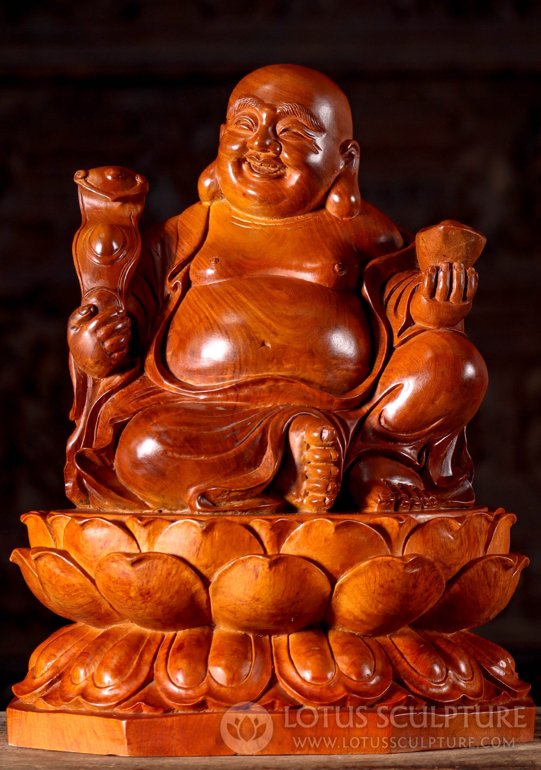 Hand-Carved Hotei Buddha Sculpture on Double Lotus Base with Gold Ingot 16"