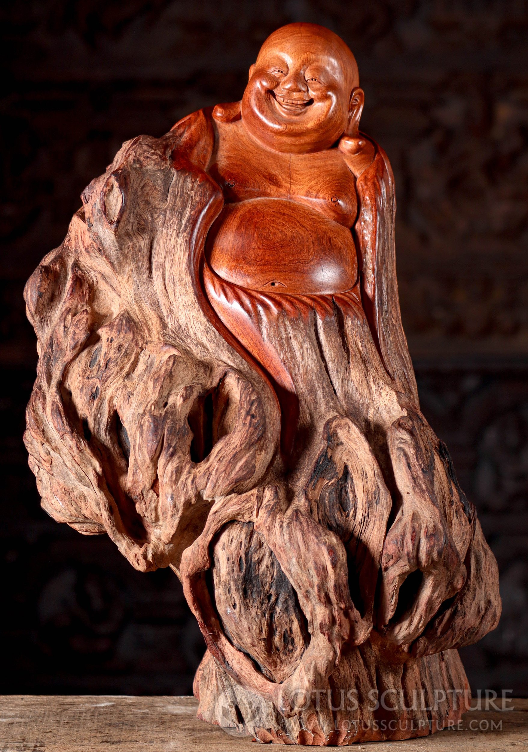 Live Edge Wood Fat and Happy Buddha of Wealth Sculpture 22"