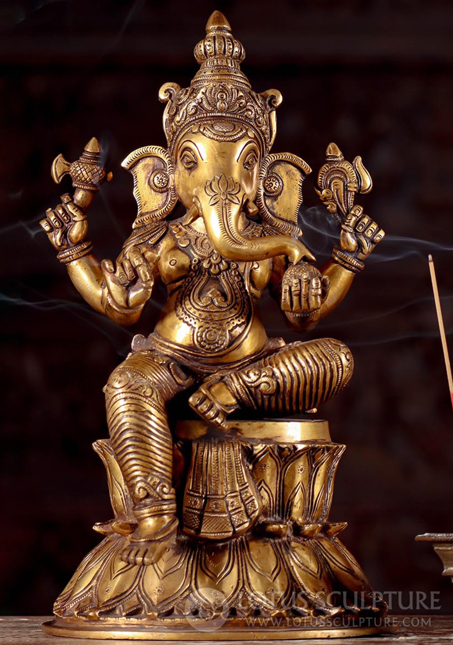 Ganesha Statue Seated with Sweets and Tusk on Lotus Base Golden Brass 16"