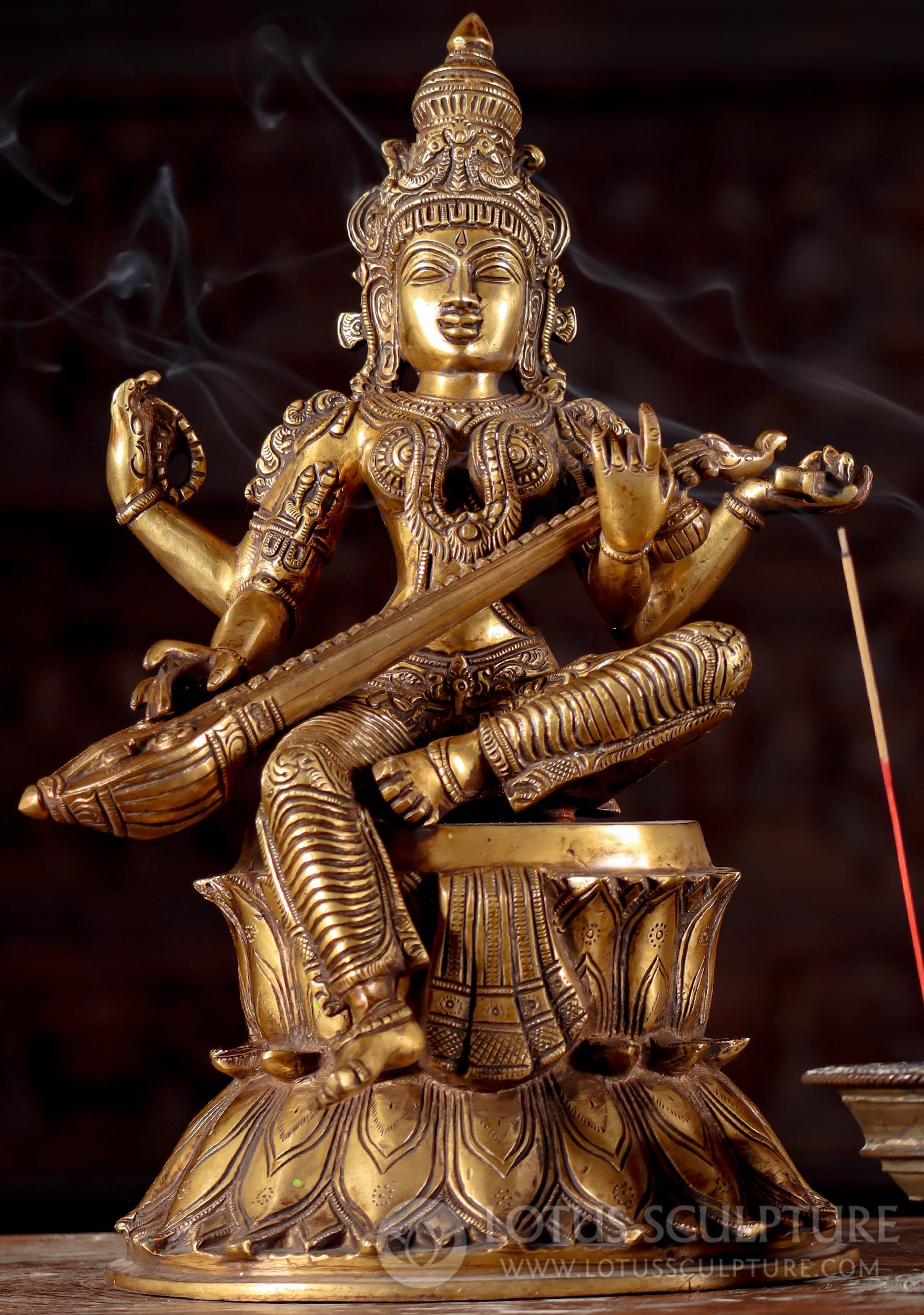 Saraswati Goddess of Wisdom Brass Statue  on Lotus Base Playing Veena Instrument 14.5"