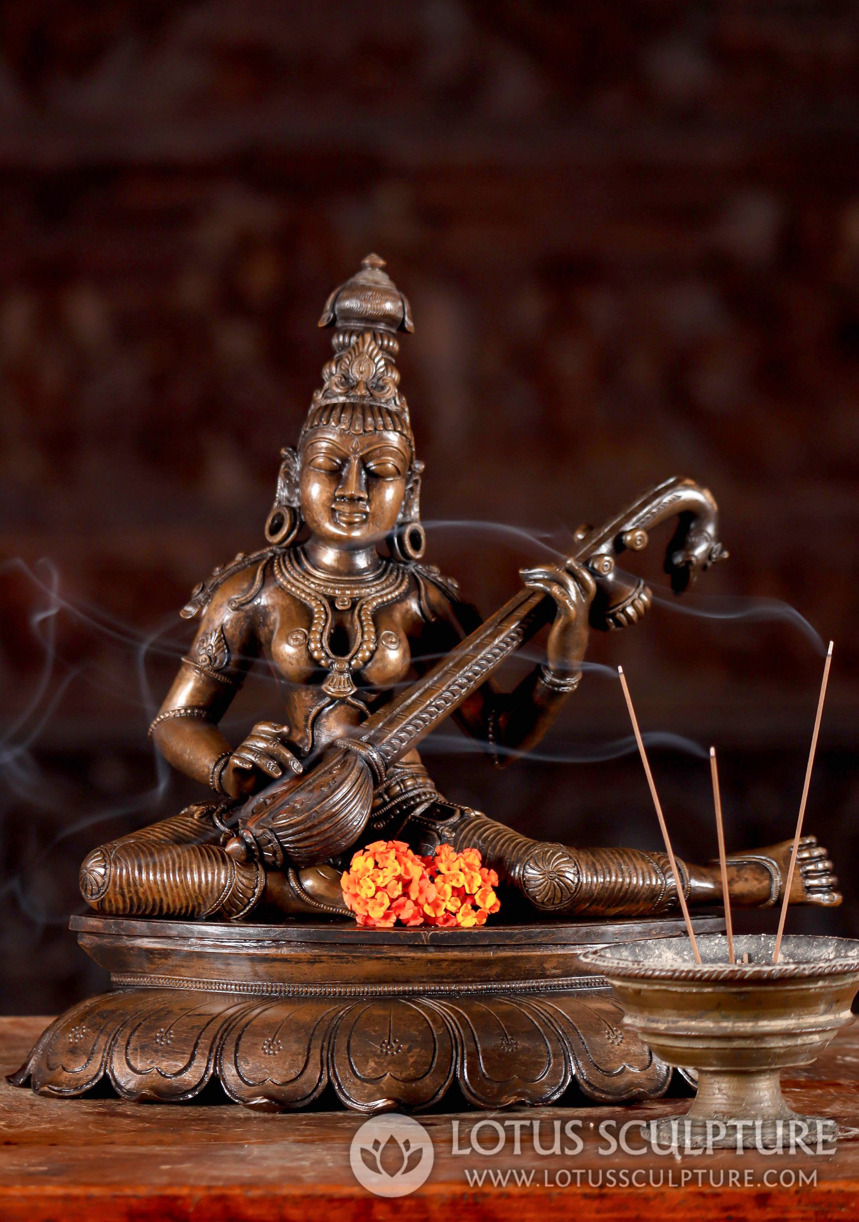 Saraswati Statue in Unique Relaxing Position  Playing the Veena South Indian Bronze 11.5"